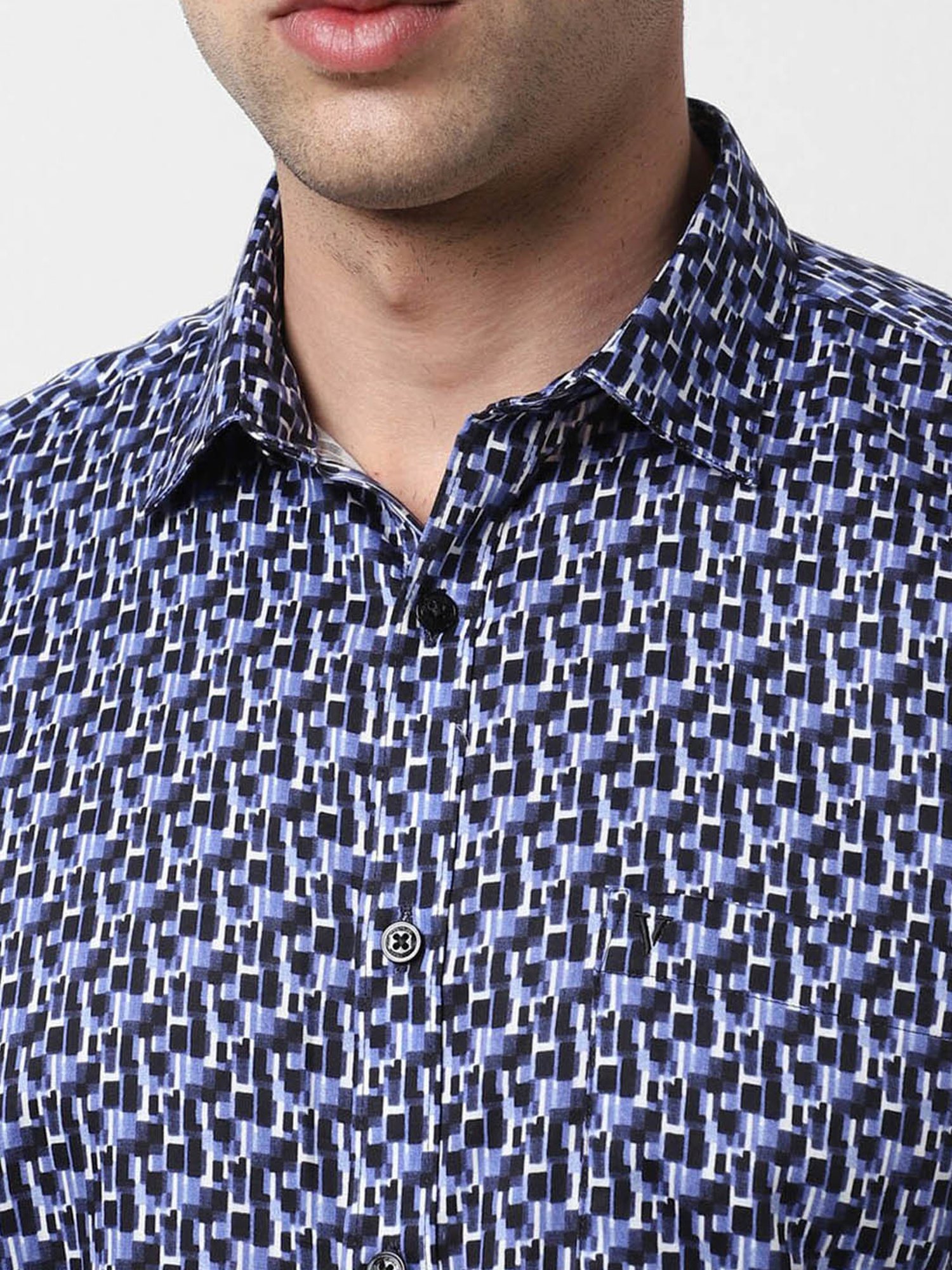 V Dot Mid Blue Slim Fit Printed Shirt