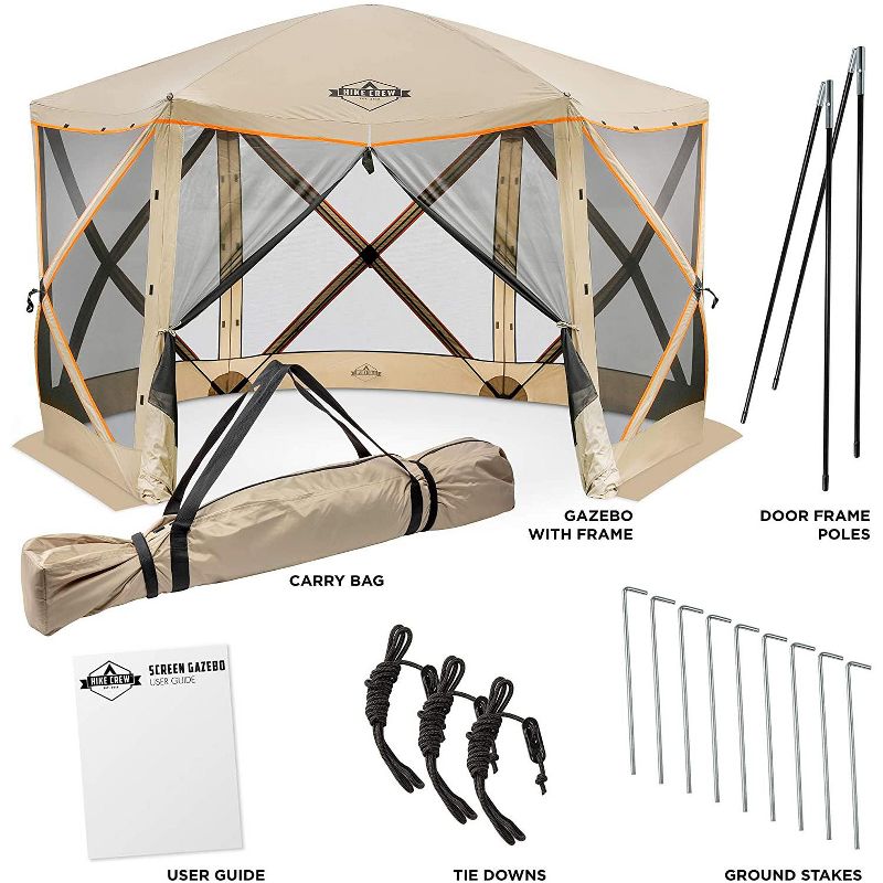 Hike Crew 6-Panel Pop-Up Screen House Gazebo 140x140 Inch &ndash; Instant Setup 6-Sided Hub Tent UV Resistant (SPF 50+) Fits 8 People Heavy Duty 210D Material &ndash; Includes Carry Bag & Ground Stakes