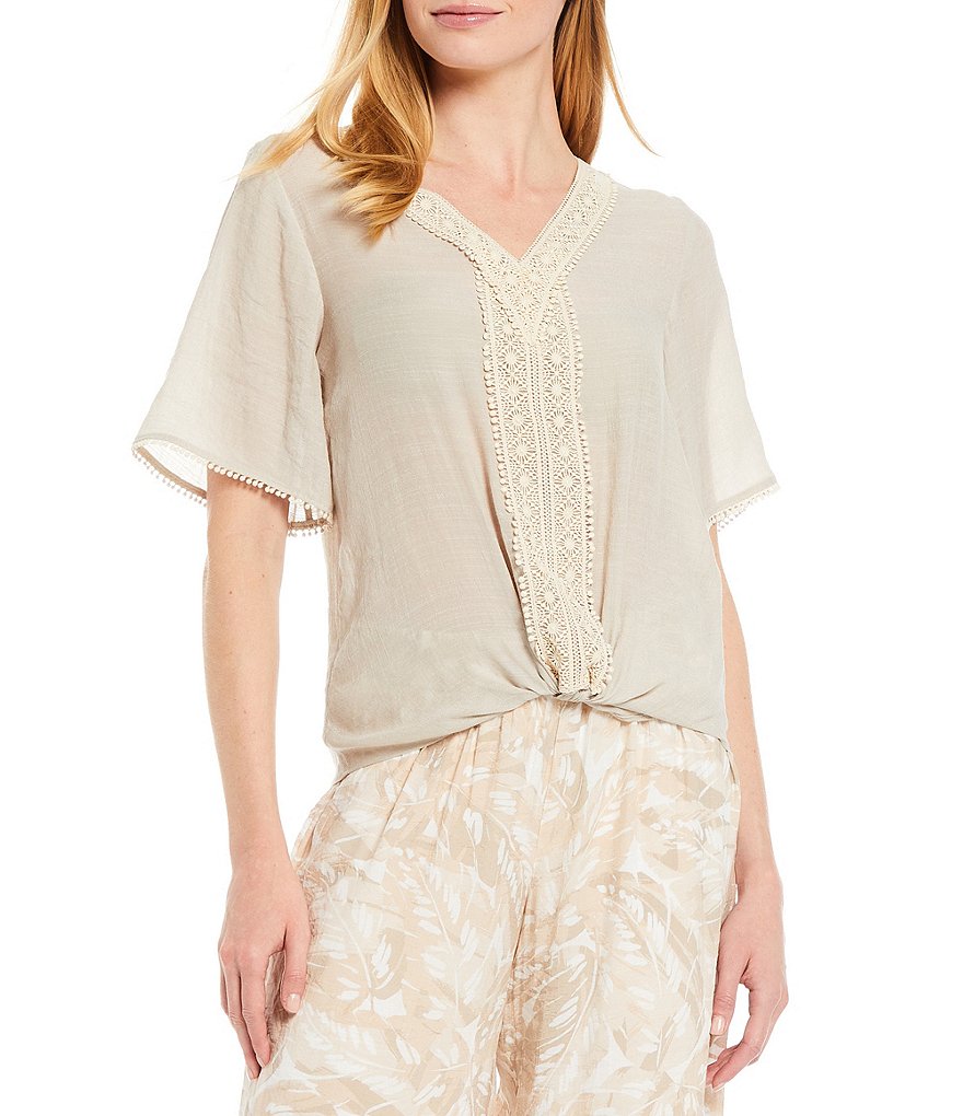 I.N. Studio Solid Gauzy Crochet Trim V-Neck Elbow Sleeve Tie-Front Top