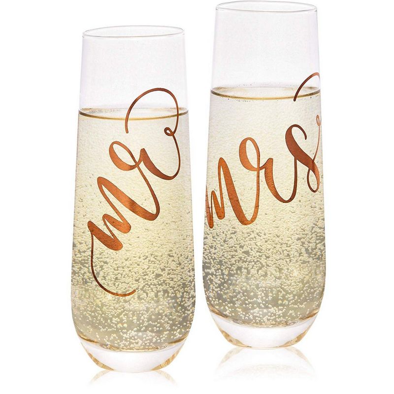 Juvale 2-Pack Rose Gold Glass Mr and Mrs Stemless Champagne Wedding Flutes Glasses, 9.8 Ounces