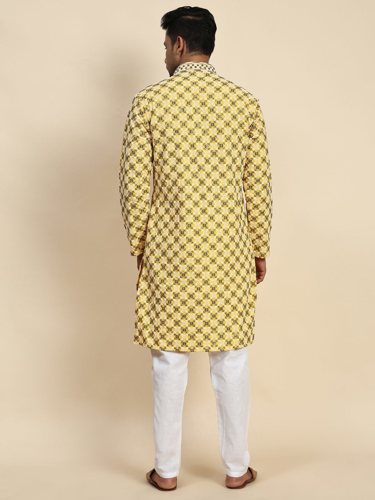 Pro-Ethic Style Developer Yellow & White Cotton Regular Fit Embellished Kurta Bottom Set