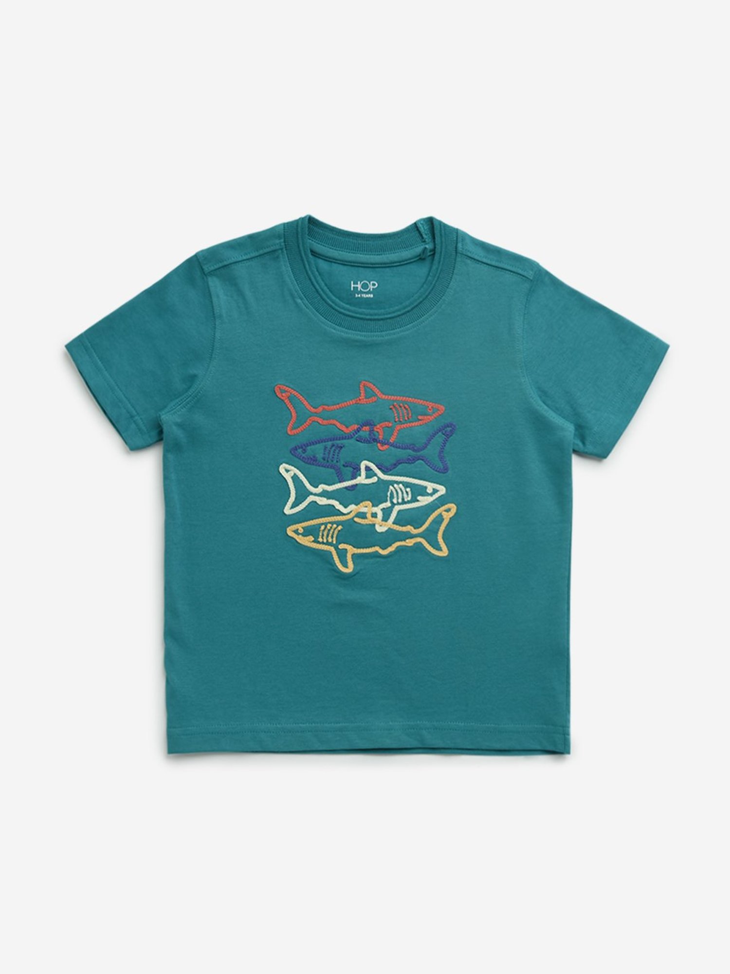 HOP Kids by Westside Teal Shark Embroidered Cotton T-Shirt