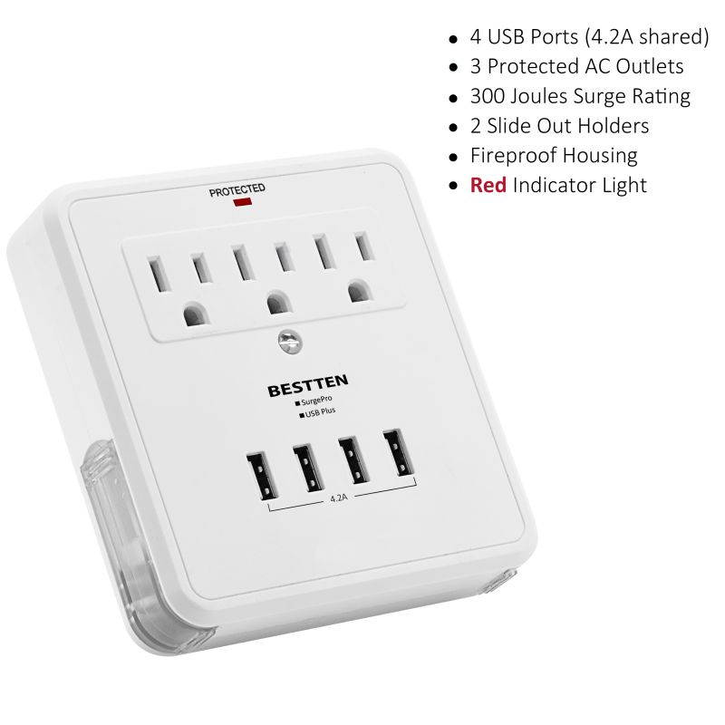 [2 Pack] BESTTEN 3 Outlet Wall Tap Adapter Surge Protector with 4 USB Charging Ports, 3 AC Outlets, and 2 Slide-Out Phone Holders, ETL Certified, White