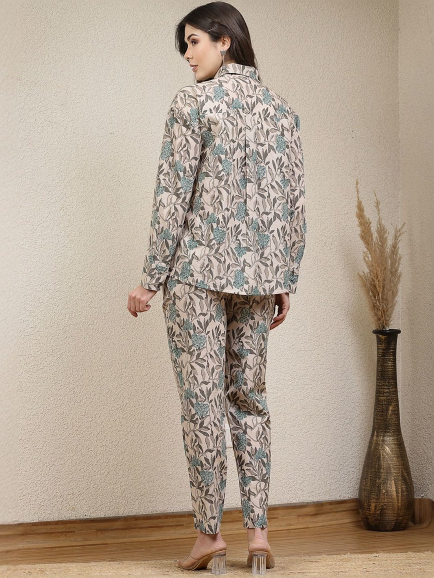 Stylum Beige & Green Floral Print Top & Pants Set