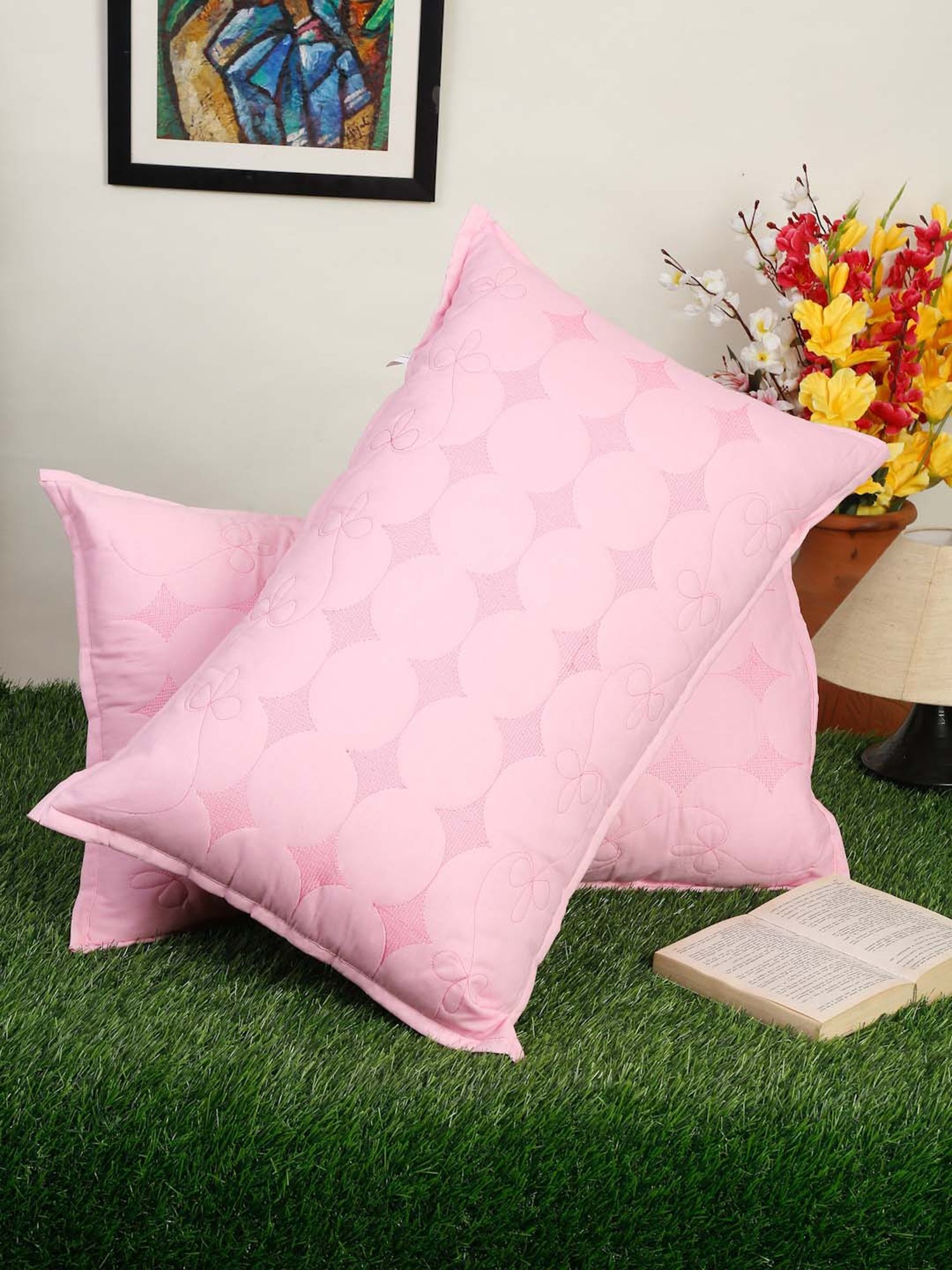 HOSTA HOMES Pink Cotton 140 TC 'Zipped' Pillow Covers - Set of 2