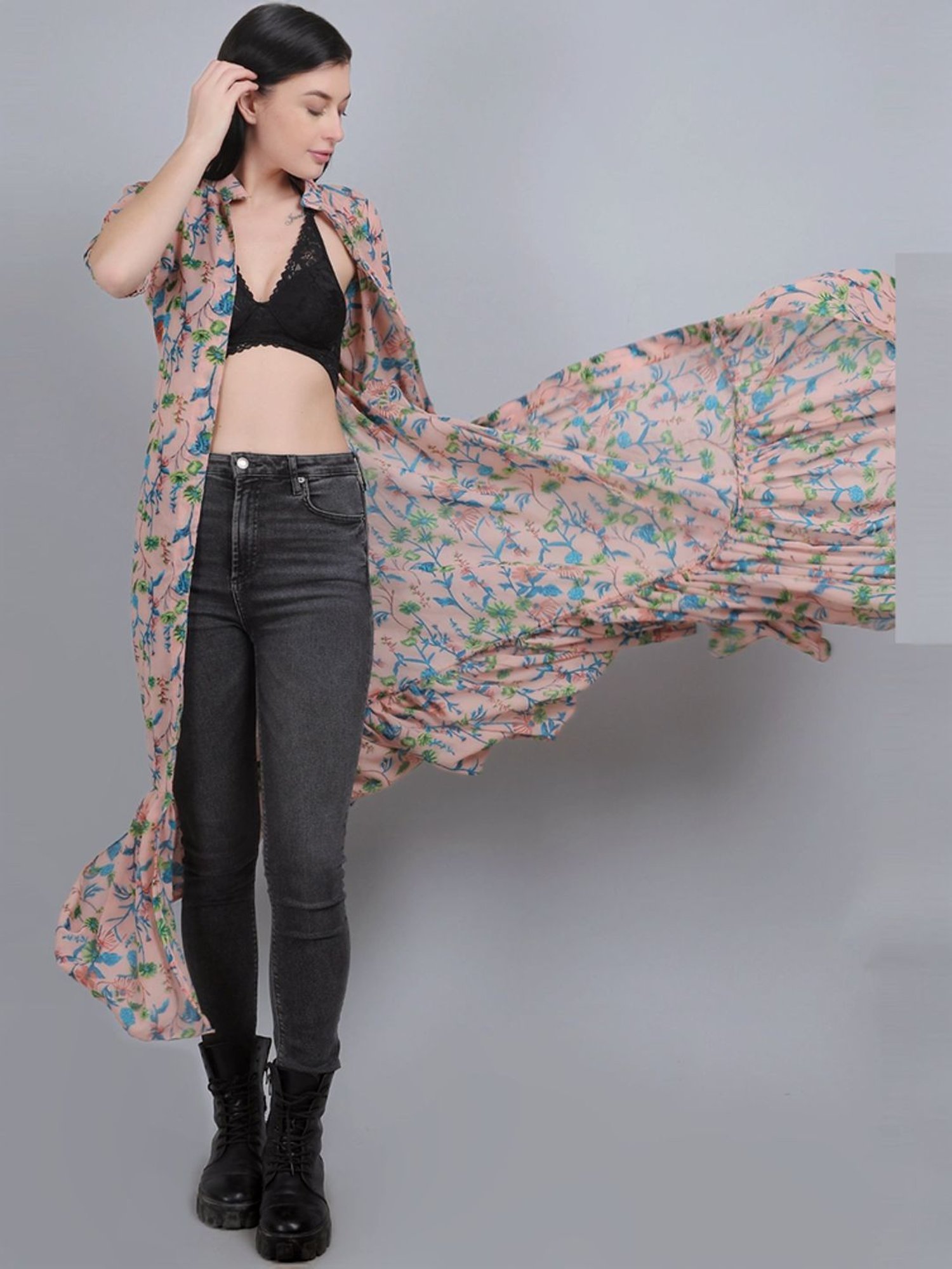 mod & shy Peach Printed Long Shrug