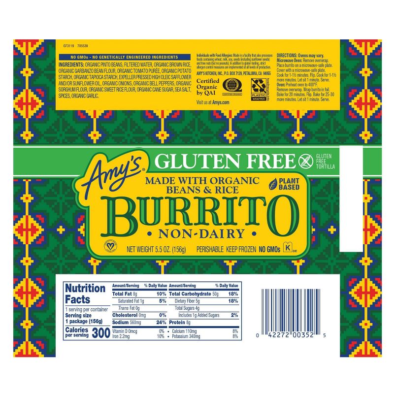 Amy's Gluten and Dairy Free Bean & Rice Frozen Burrito - 5.5oz