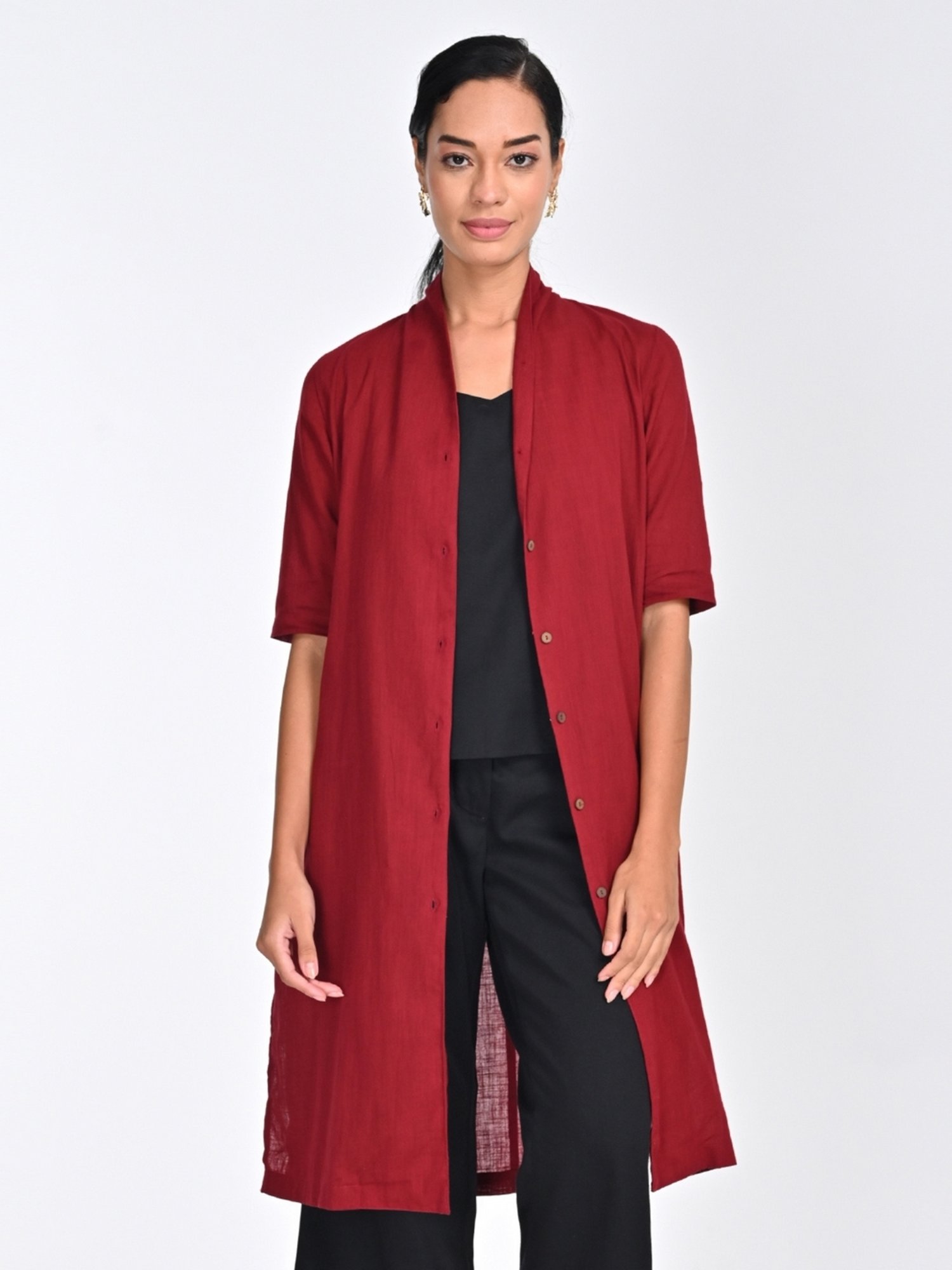 Saltpetre Women Organic Cotton Solid Draped Neck Collar Long Shirt