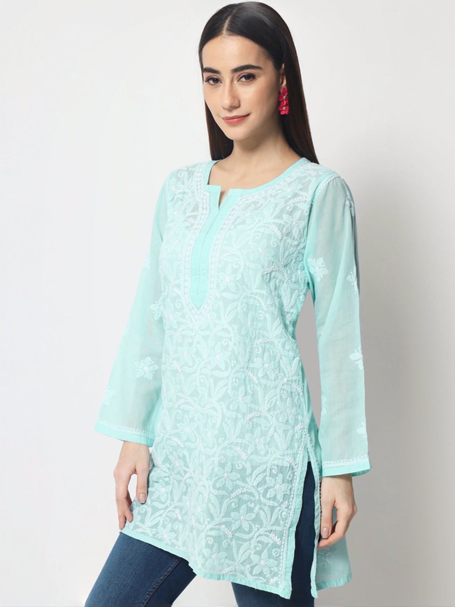 PARAMOUNT CHIKAN Sea Green Cotton Hand Embroidered Chikankari Straight Kurti