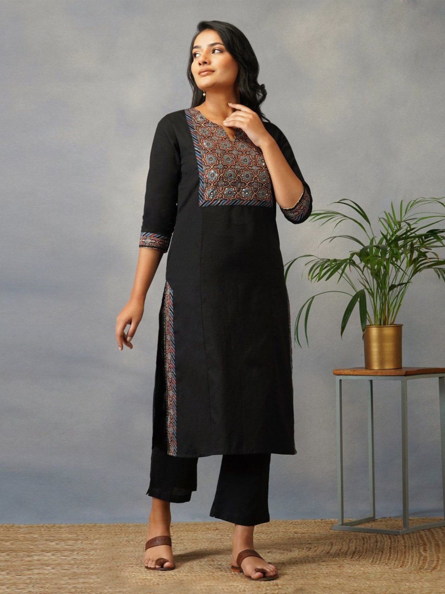 Akiso Bakhair Black Straight Kurta With Ajrak Yoke In Zari Embroidery Set With Pants