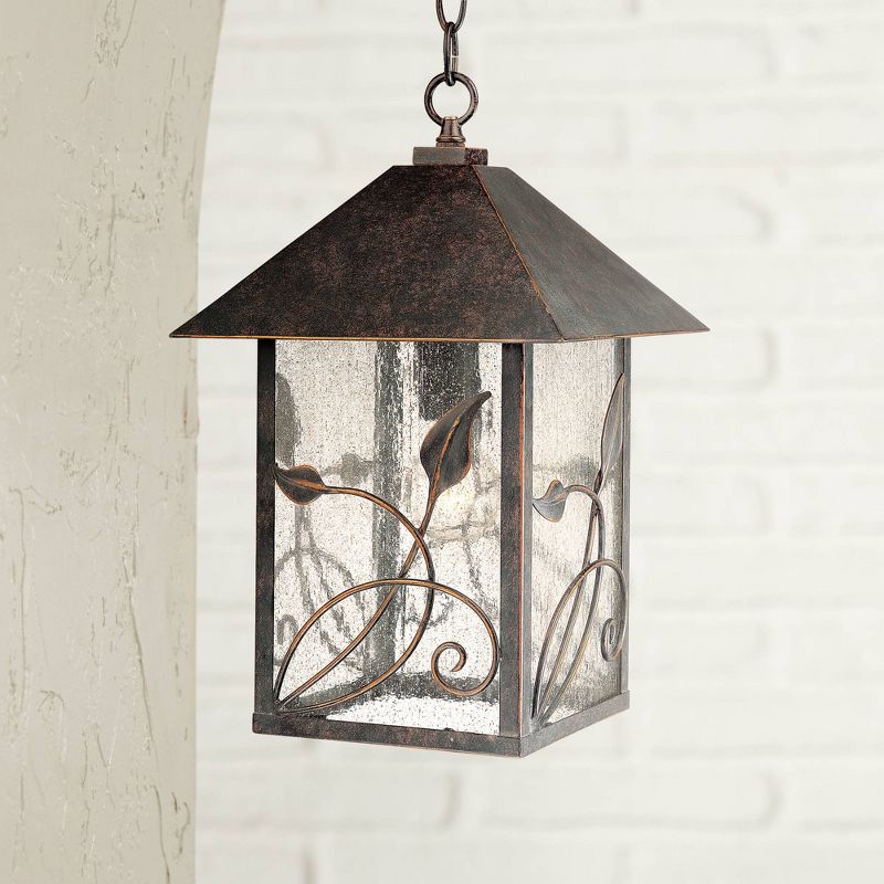 Franklin Iron Works Country Cottage Outdoor Ceiling Light Hanging French Bronze Leaf Pattern 15" Seedy Glass Damp Rated for Porch