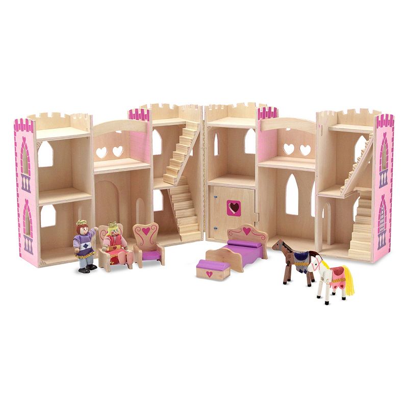 Melissa & Doug Fold and Go Wooden Princess Castle With 2 Royal Play Figures, 2 Horses, and 4pc of Furniture