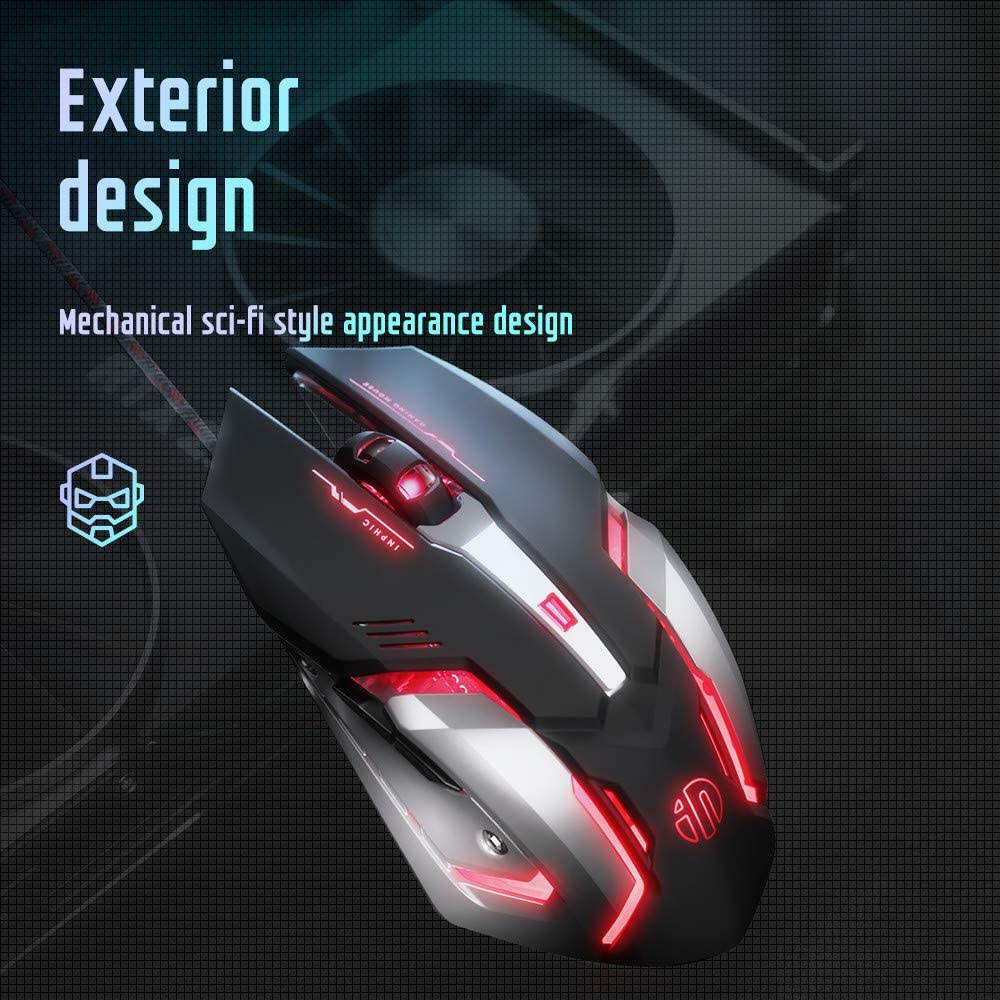 Inphic Gaming Mouse Wired, Ergonomic Game USB Computer Mice Backlight Mouse RGB Gamer Desktop Laptop PC Gaming Mouse, 7 Programmable Buttons for Windows 7/8/10/XP Vista Linux (Black)
