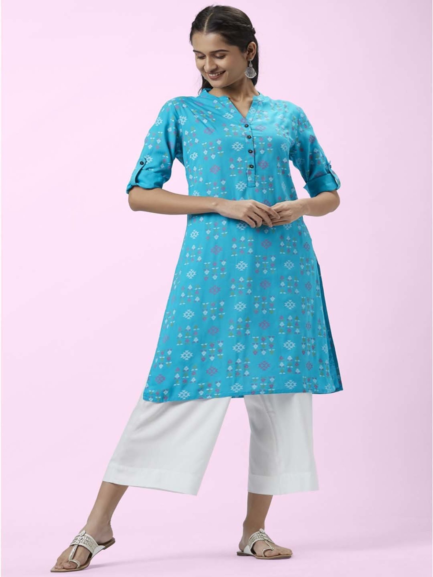 Rangmanch by Pantaloons Turquoise & White Printed Kurta Palazzo Set