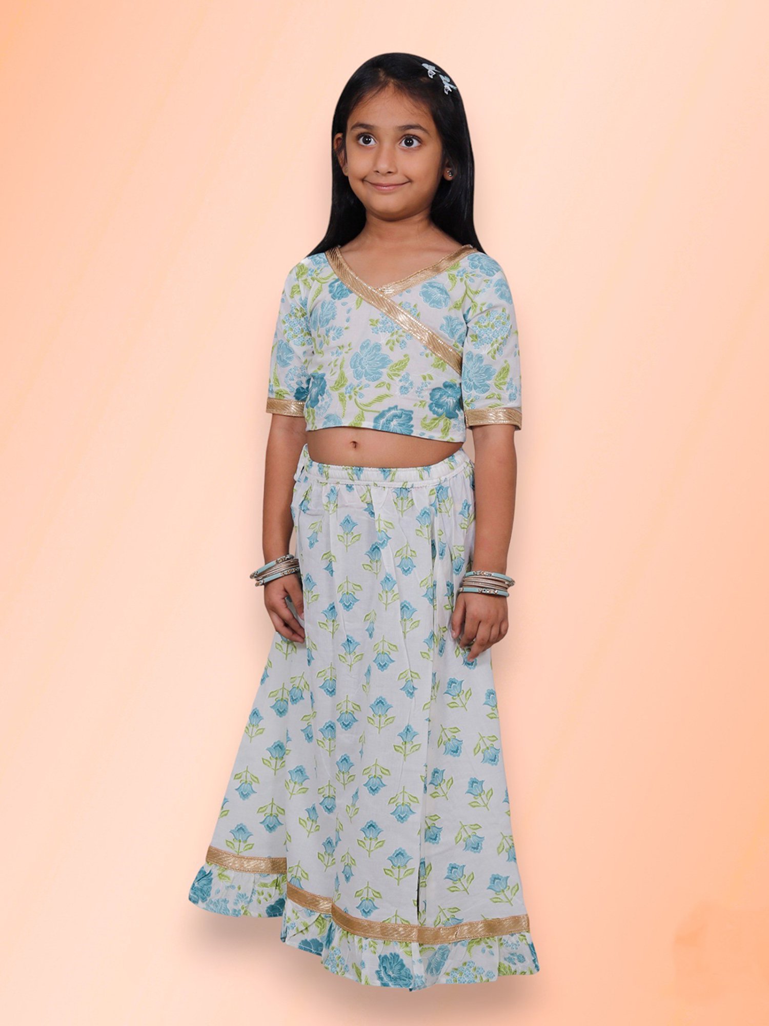 Tippy Top Kids White & Blue Floral Print Lehenga with Choli