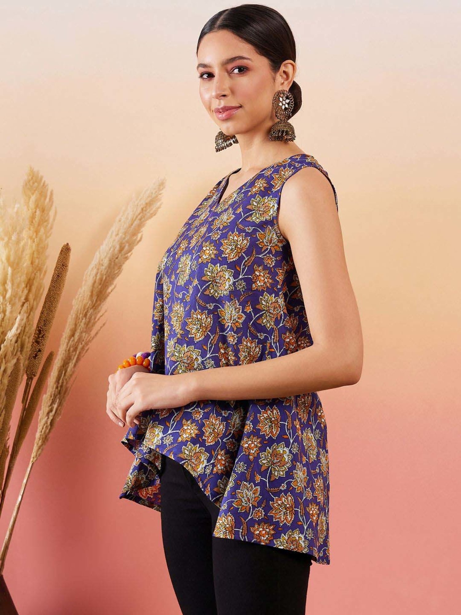 Inweave Royal Blue Cotton Floral Print Top