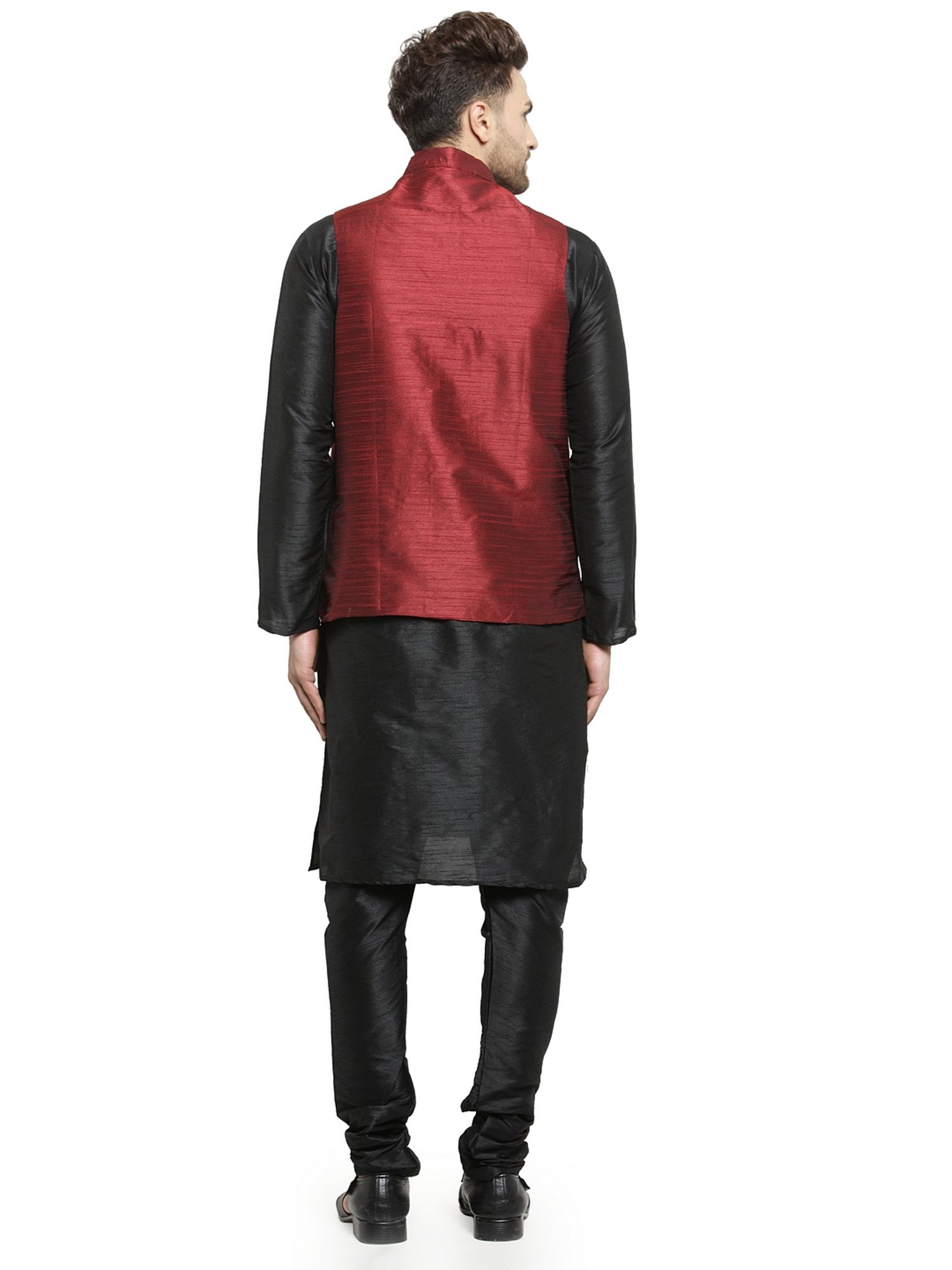 Benstoke Black & Maroon Regular Fit Kurta Set With Jacket