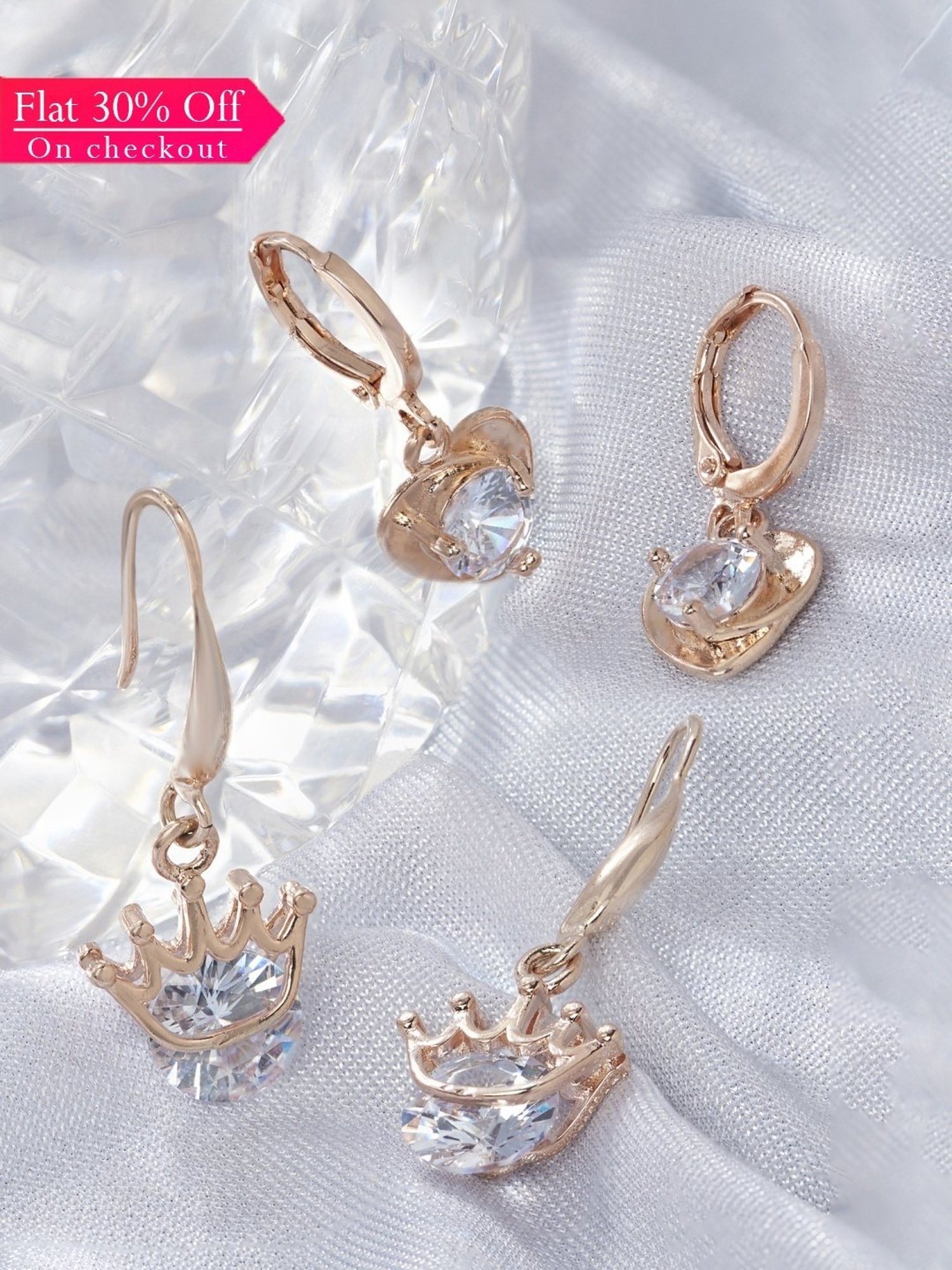 Zaveri Pearls Set of 2 Rose Gold Contemporary Cubic Zirconia Heart & Crown Drop Earrings - ZPFK13352