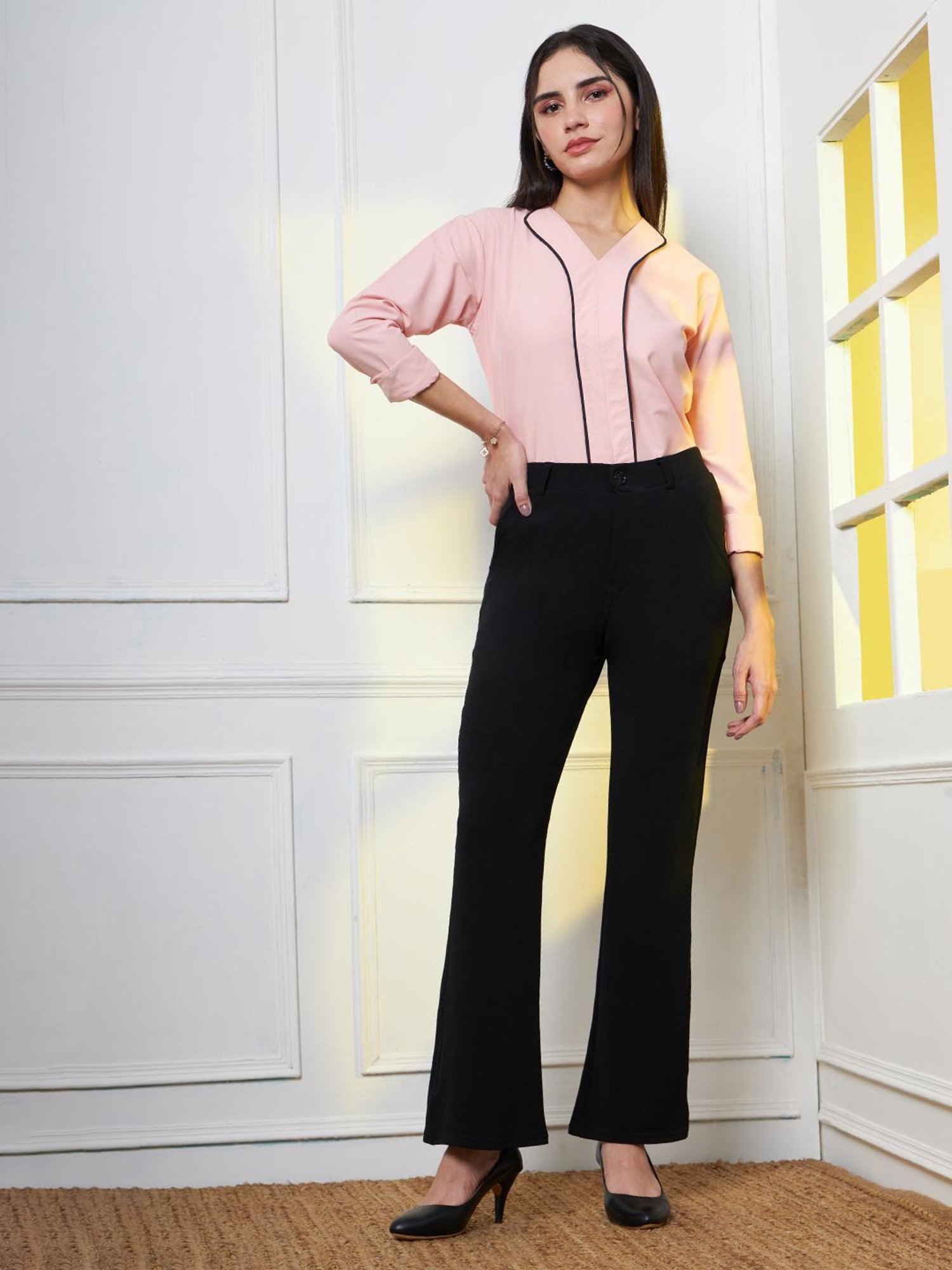 FITHUB Black Regular Fit High Rise Trousers