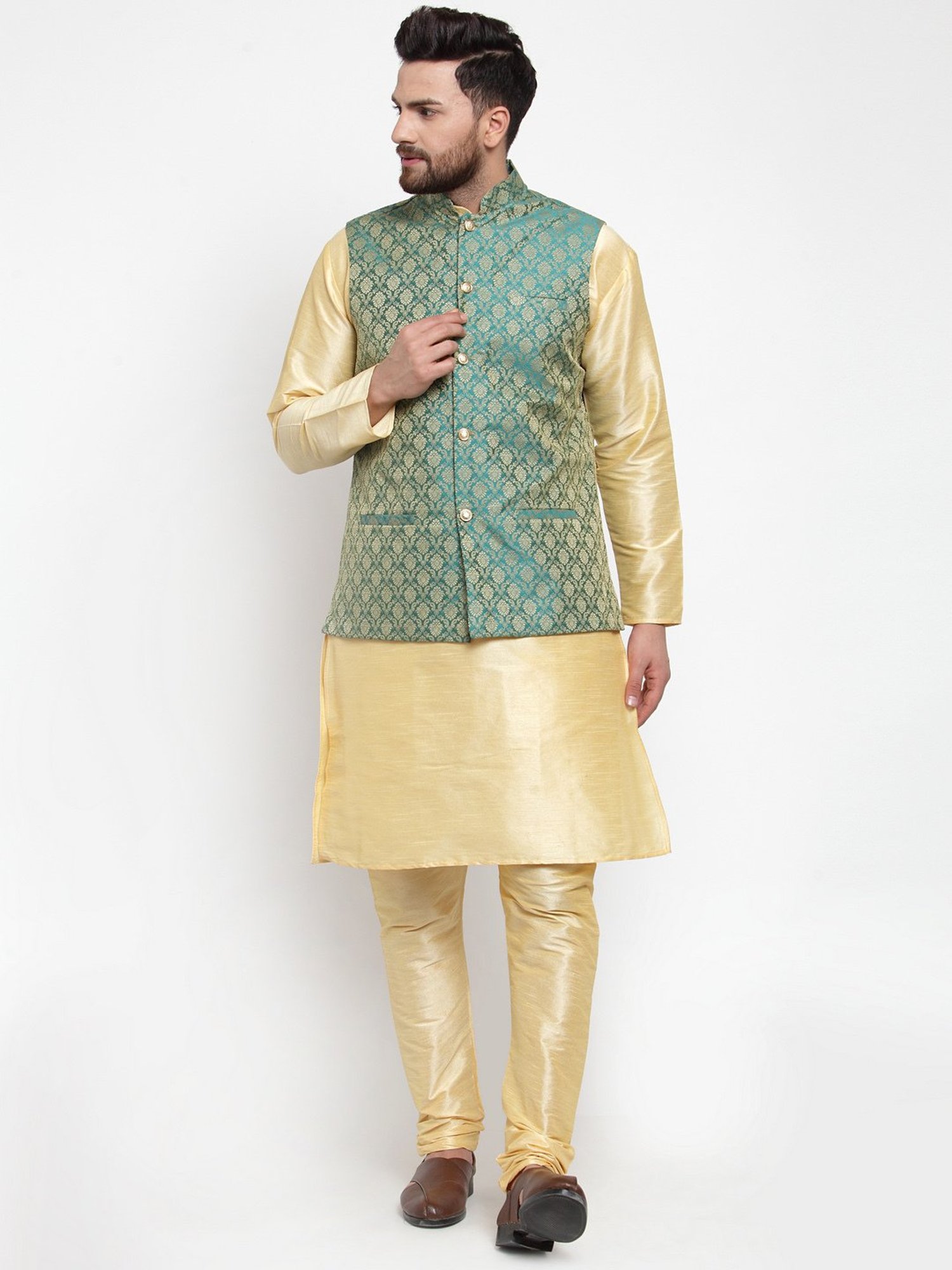 Jompers Green Regular Fit Self Design Nehru Jacket