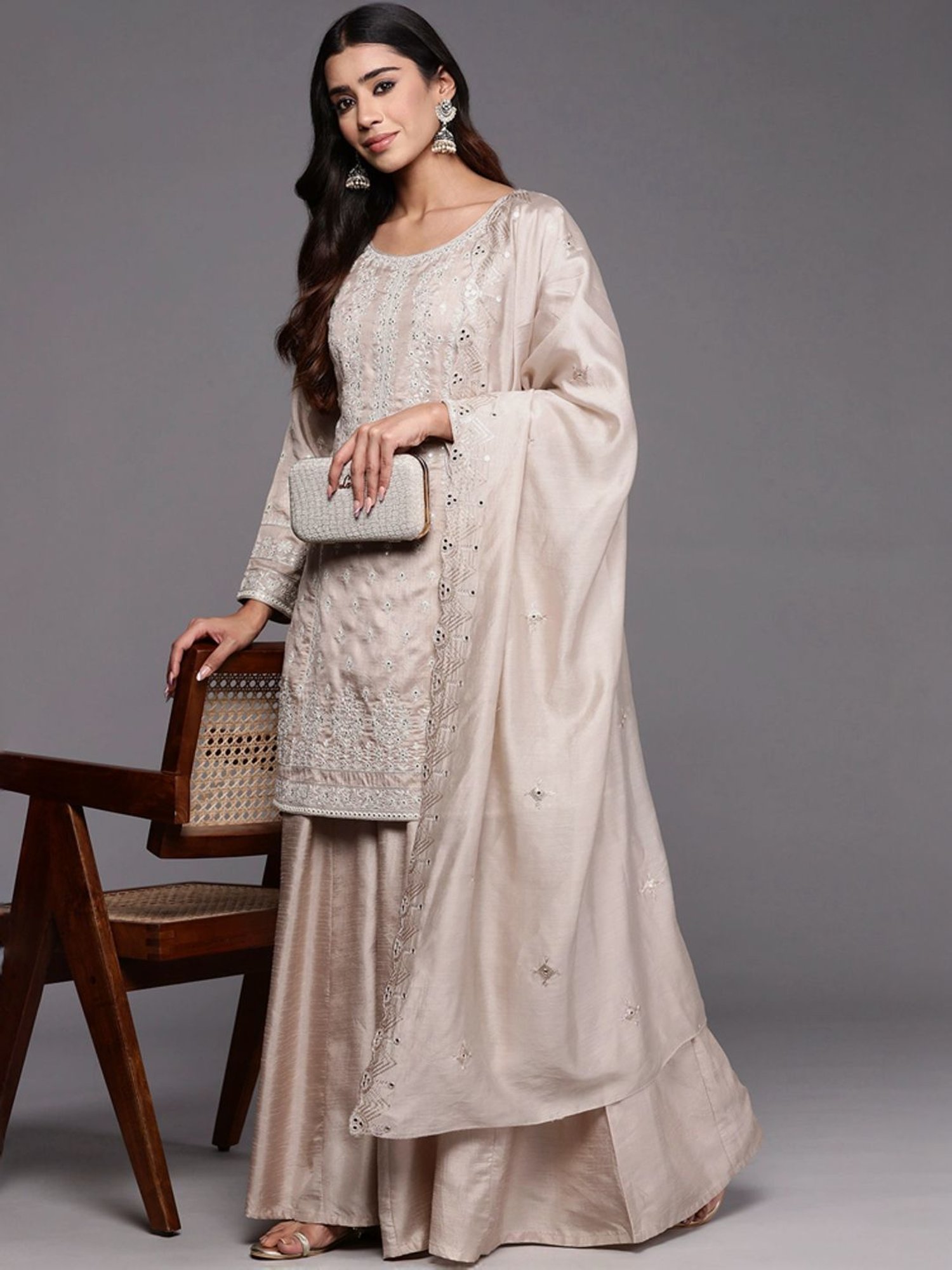 Libas Art Beige Embroidered Kurti Palazzo Set With Dupatta