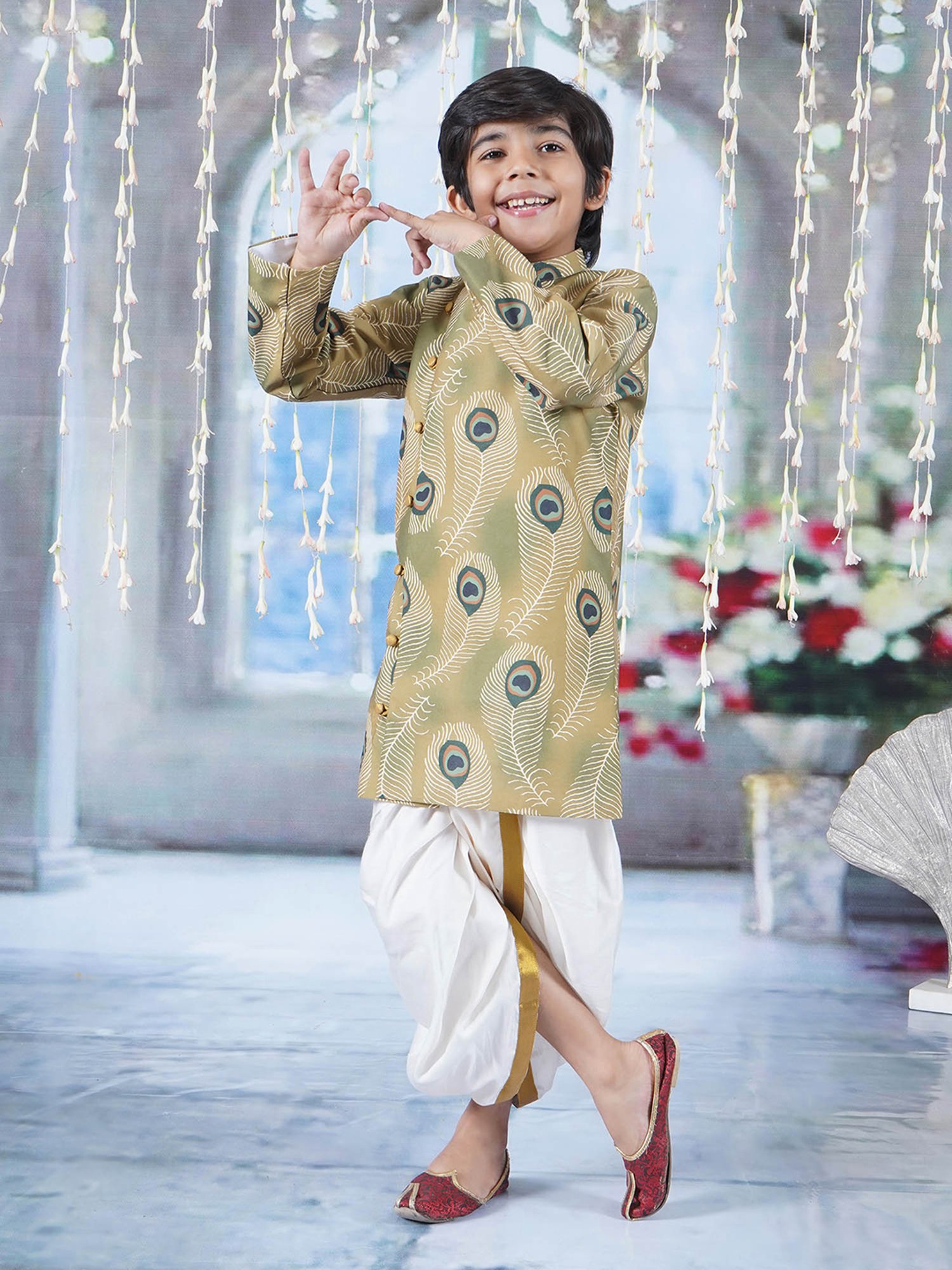 Little Bansi Kids Green & White Printed Kurta with Dhoti