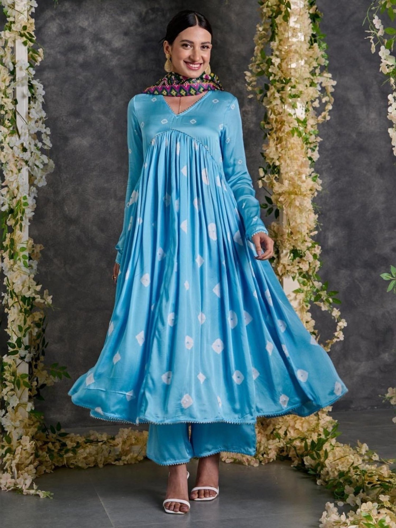 Gulaal Blue Bandhani Anarkali Modal Satin Kurta and Flared Pant with Dupatta
