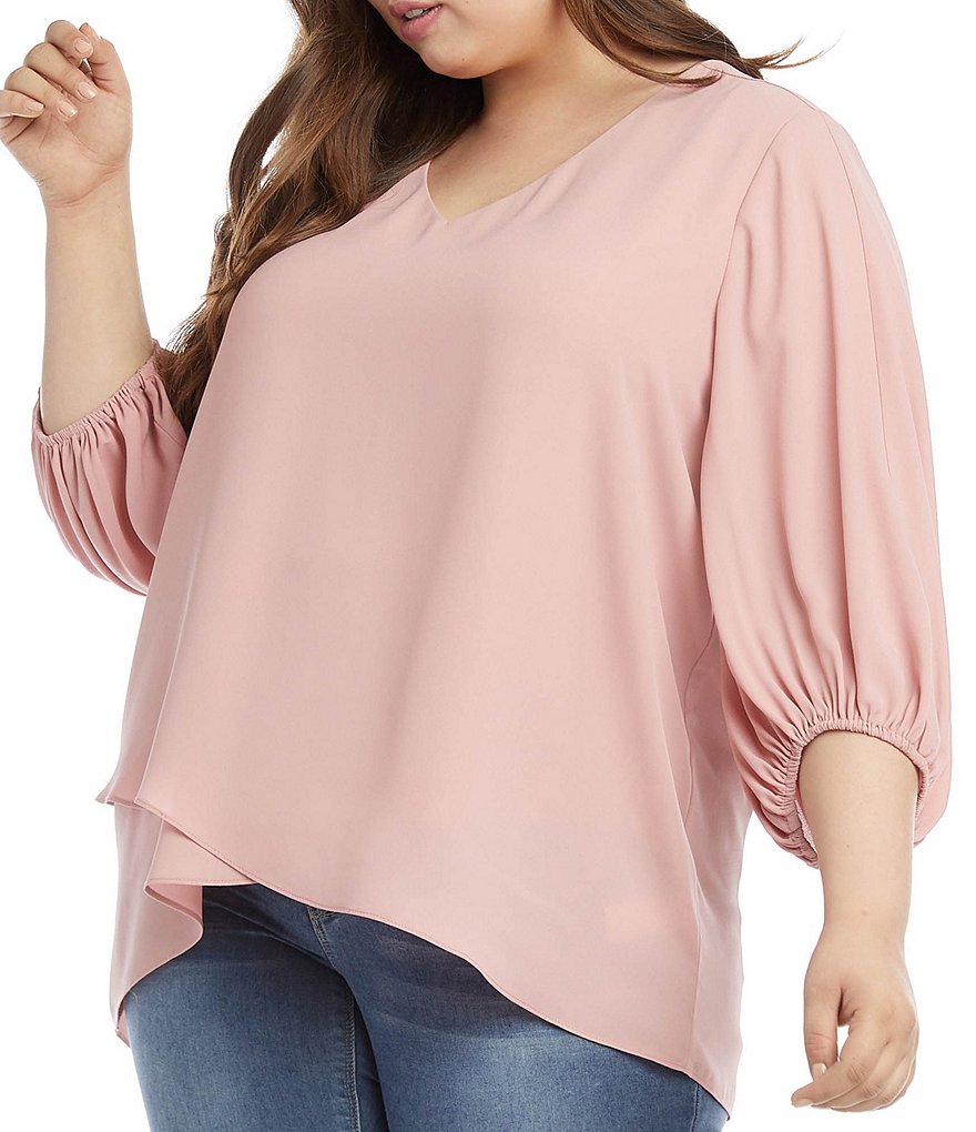 Karen Kane Plus Size Round V-Neck Crossover Blouson 3/4 Sleeve Top