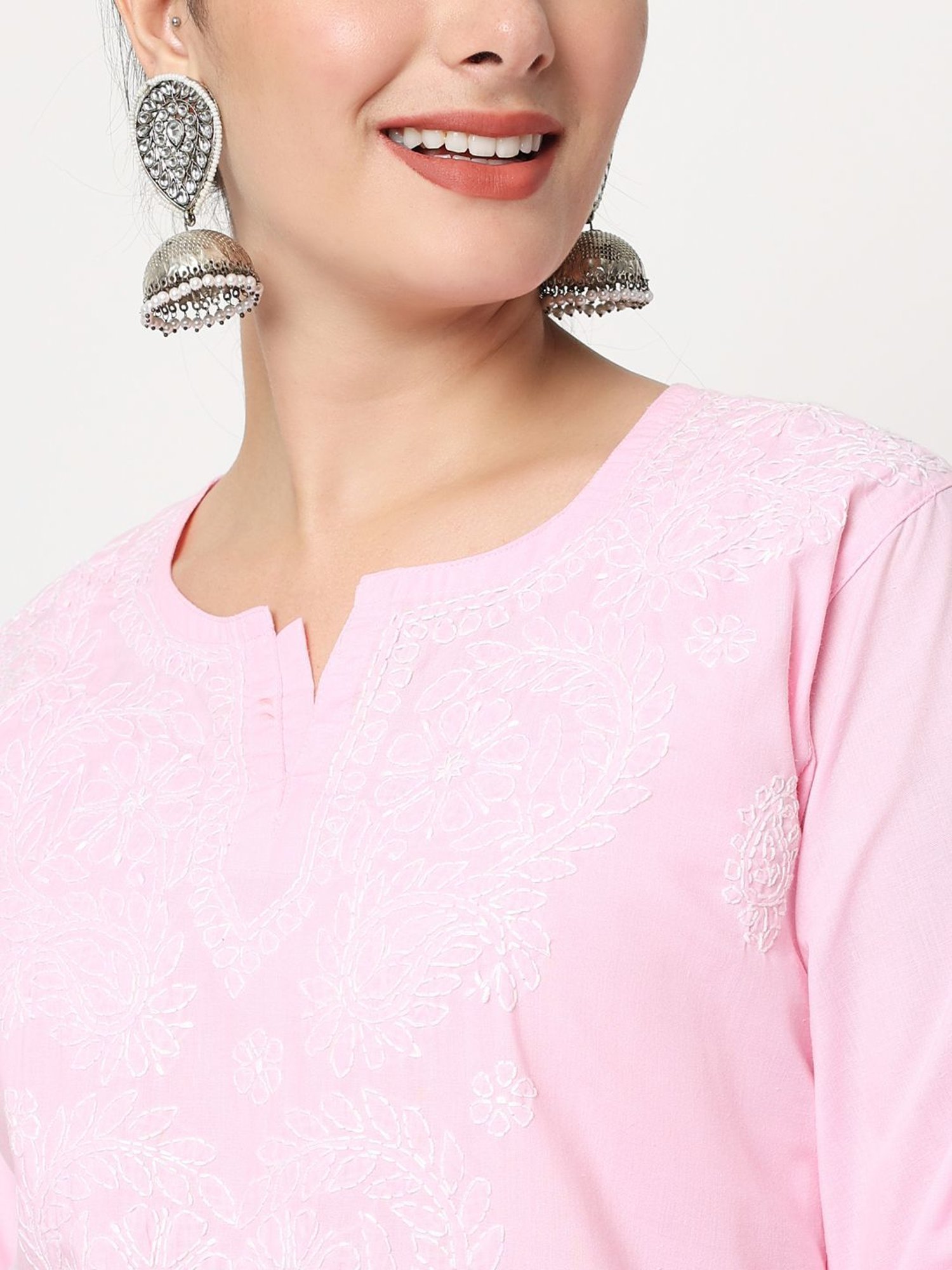 PARAMOUNT CHIKAN Pink Cotton Chikankari Straight Kurta