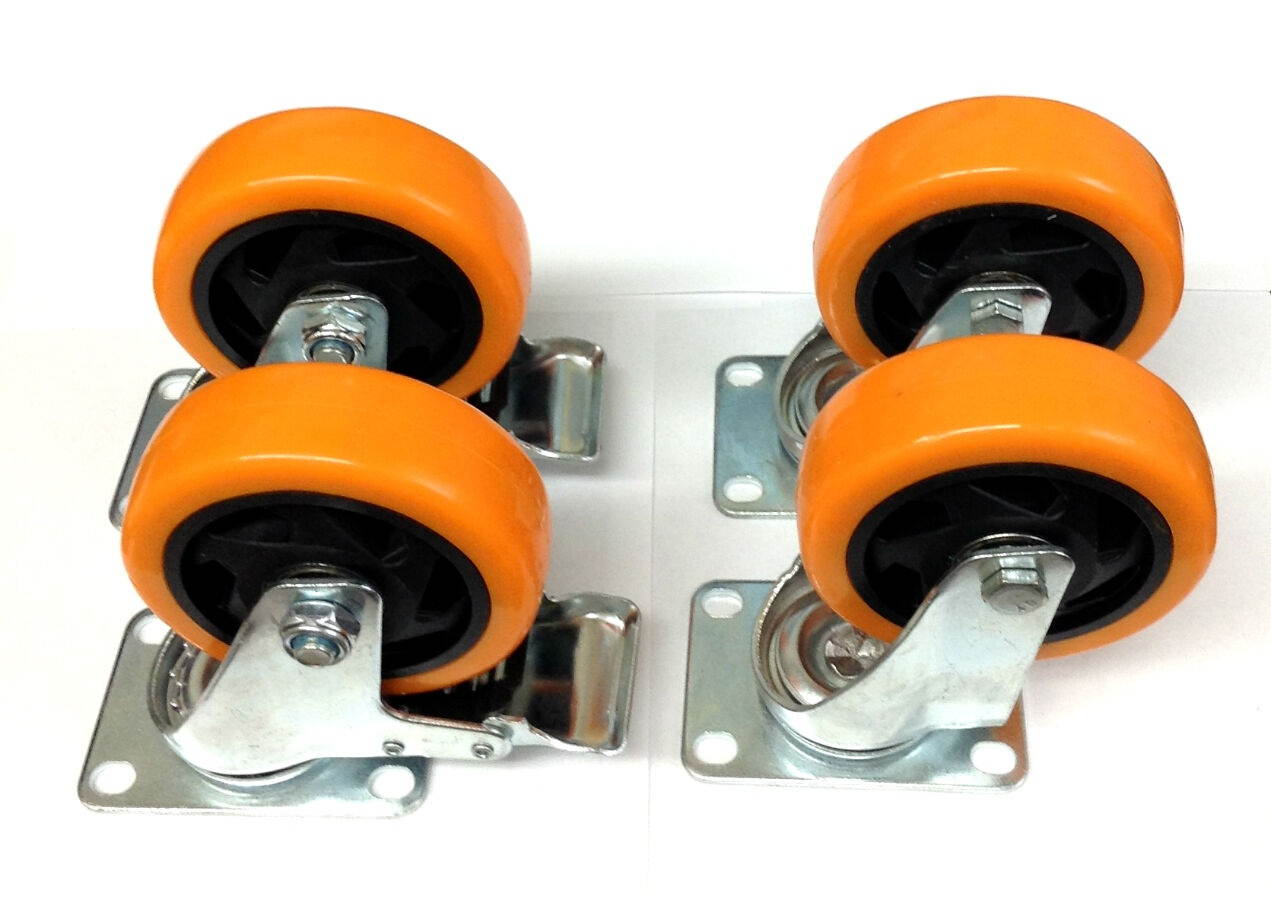 (4) 4 inch Caster All Swivel Plate Polyurethane Tires with Two Braking Wheels