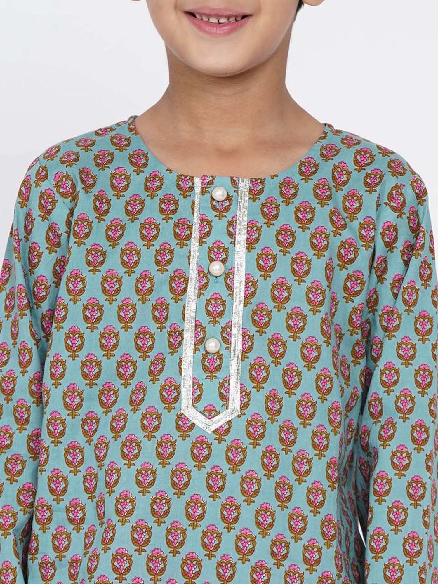 Little Bansi Kids Green & Pink Cotton Floral Print Full Sleeves Kurta Set