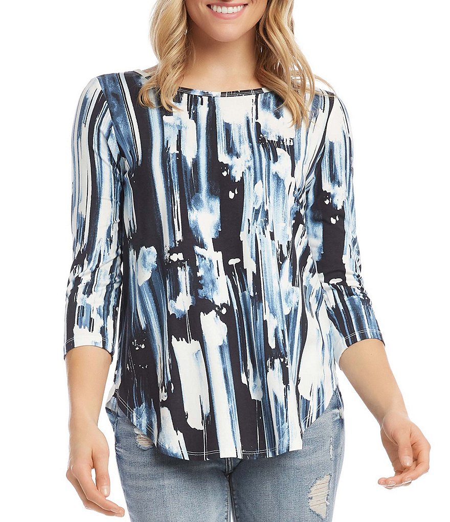 Karen Kane Paint Stripe Jewel Neck Shirttail Hem Tee