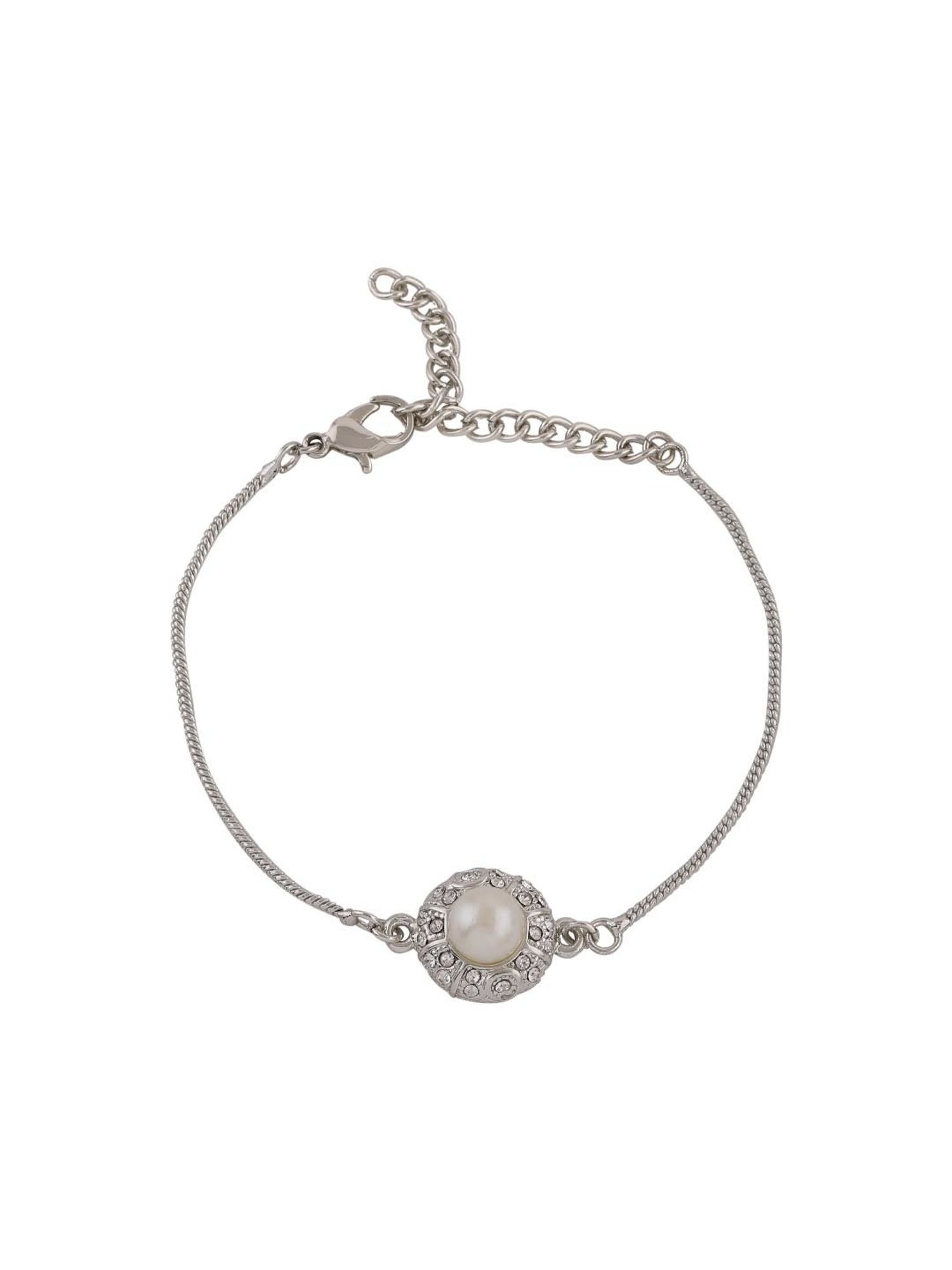 Estele Rhodium-Plated Moonlight Pearl Floral Bracelet for Women