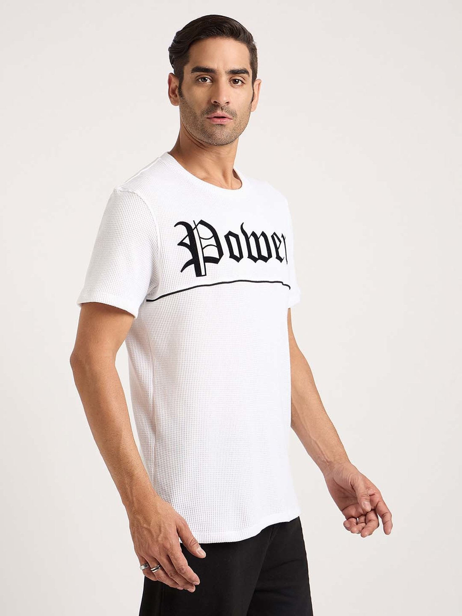 EDRIO White Regular Fit Textured Crew T-Shirt
