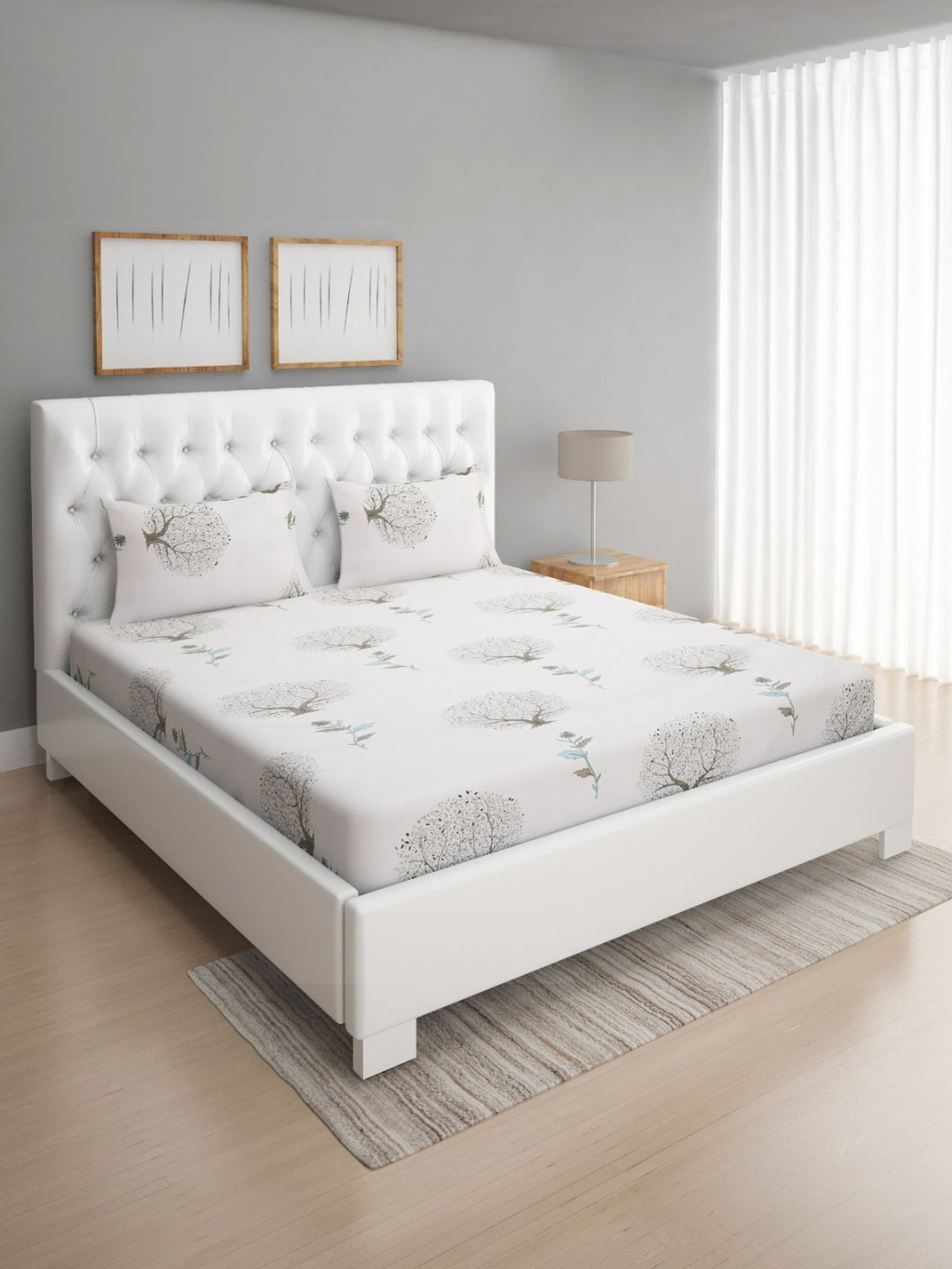 Romee Floral Teal Green 144 TC Cotton Queen Sized Bed Sheet with 2 Pillow Covers