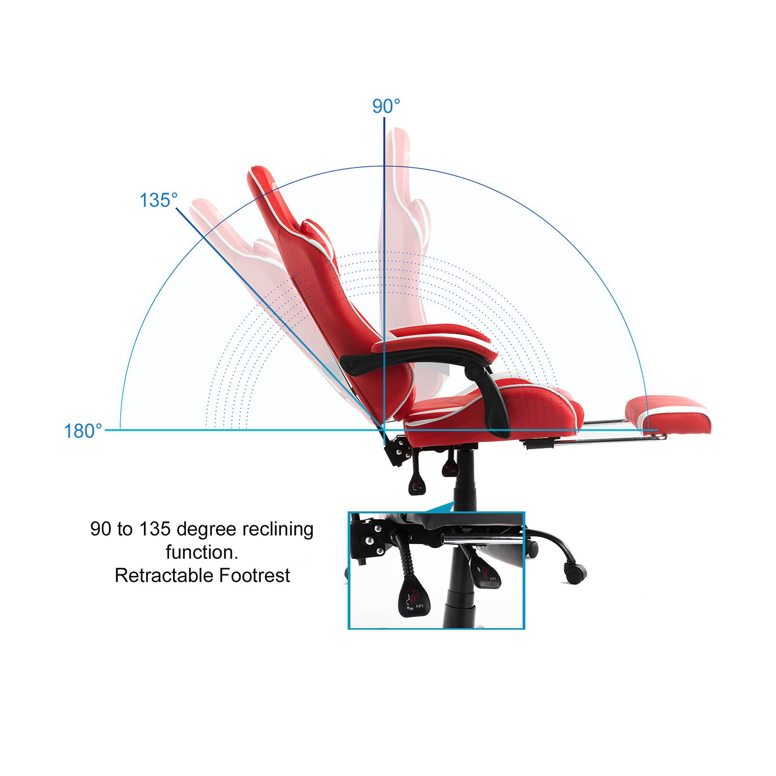 Goaic Gaming Chair PC Racing Game Chair Ergonomic 135&deg; Adjustable Reclining Office Chair with Footrest, High Back Office Desk Computer Chair with Headrest and Lumbar Pillow Support (White/Red)