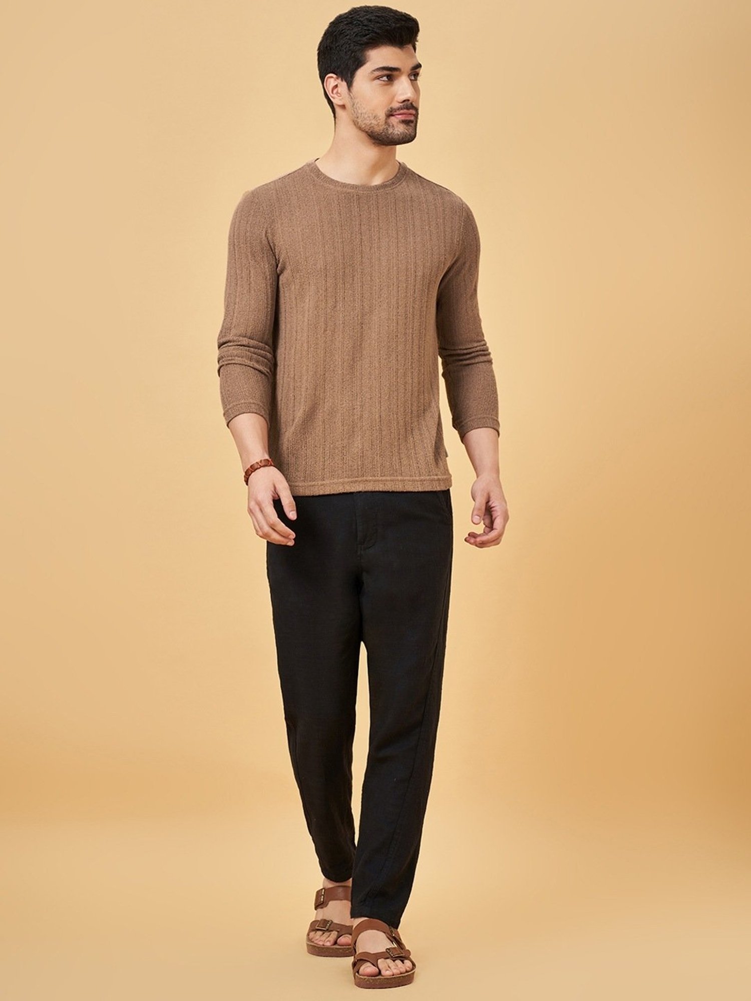 7 Alt By Pantaloons Brown Slim Fit Self Pattern T-Shirt