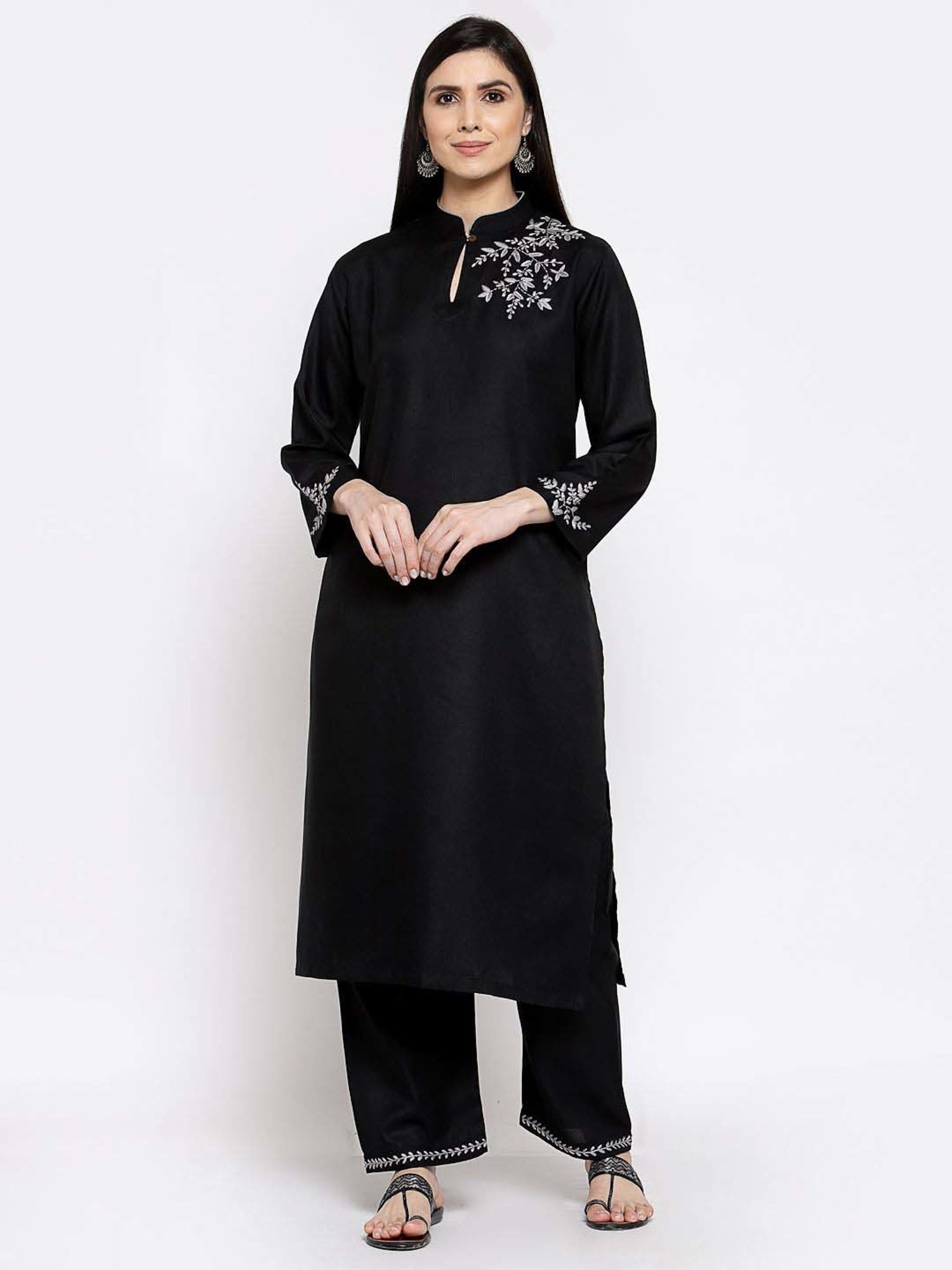 DART STUDIO Black Cotton Embroidered Kurta Palazzo Set