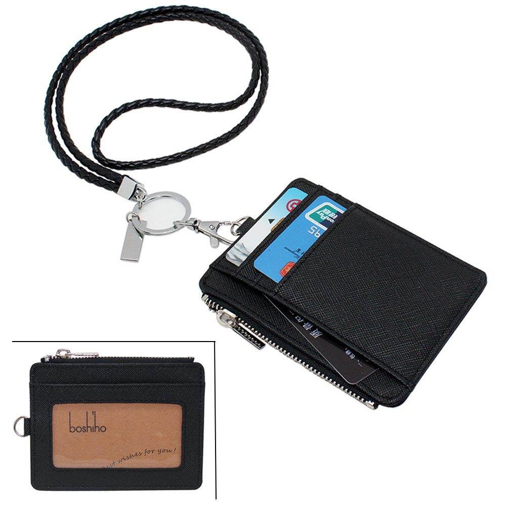 Boshiho Saffiano Leather Badge Holder ID Card Holder Coin Change Purse with Keychain Lanyard (Black with Keychain)