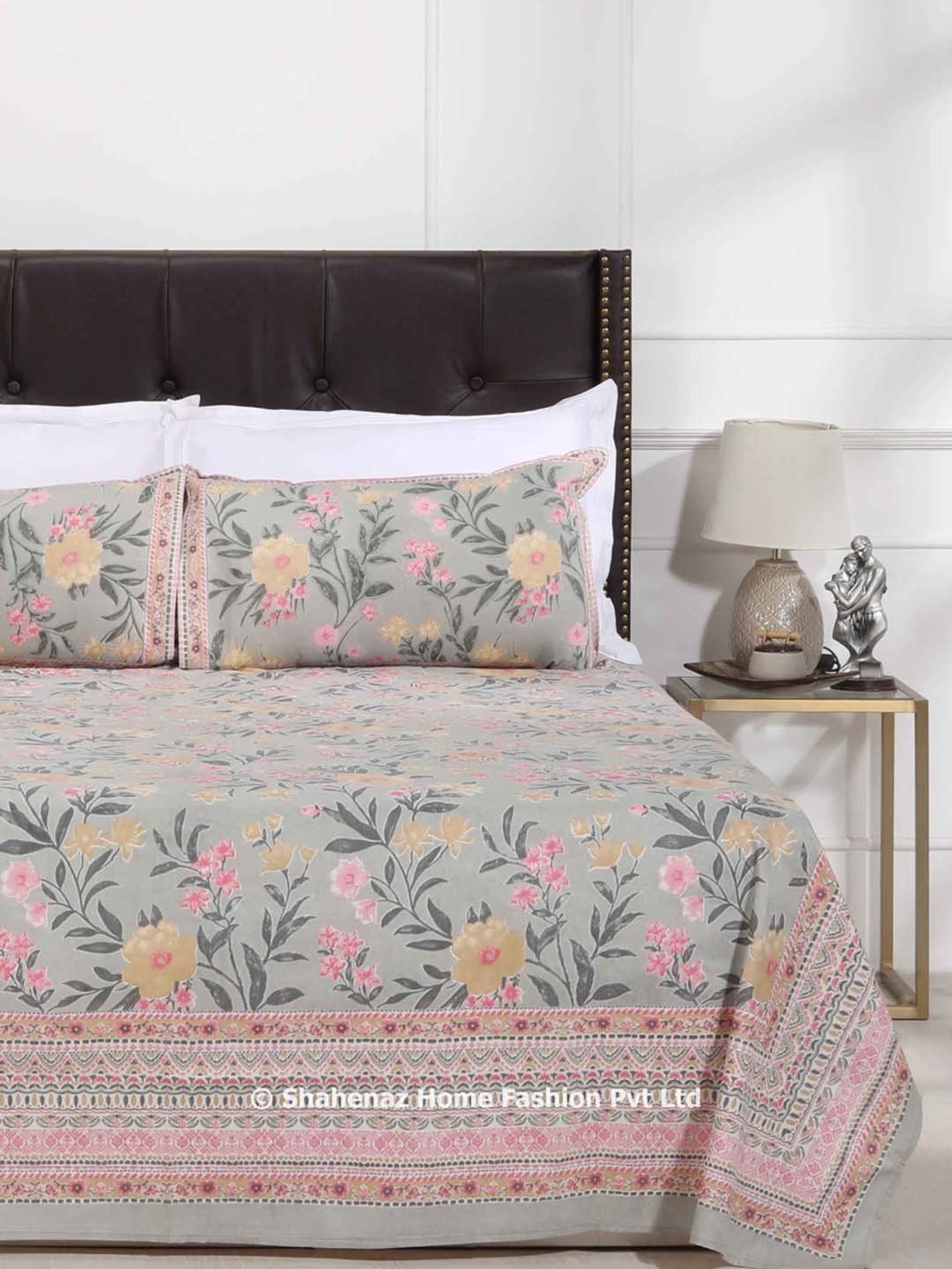 Shahenaz Grey 120 TC Cotton Anvi Double Bedsheet with 2 Pillow Covers