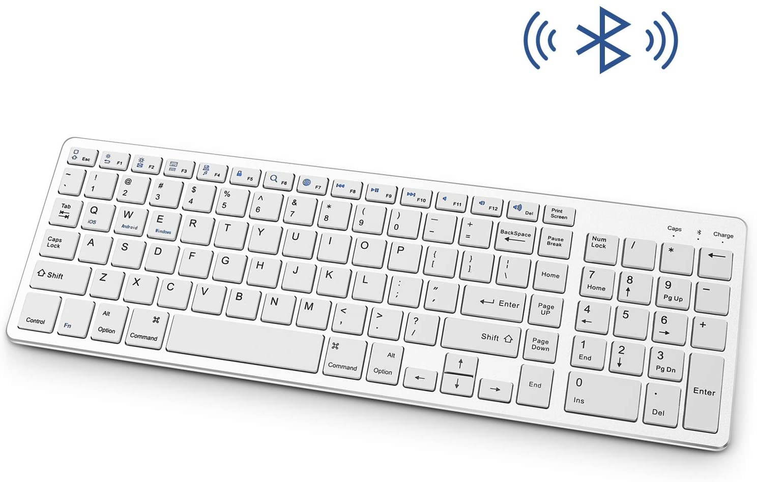 Bluetooth Keyboard, Rechargeable Portable BT Wireless Keyboard with Number Pad Full Size Design for Laptop Desktop PC Tablet, Windows iOS Android (Silver)