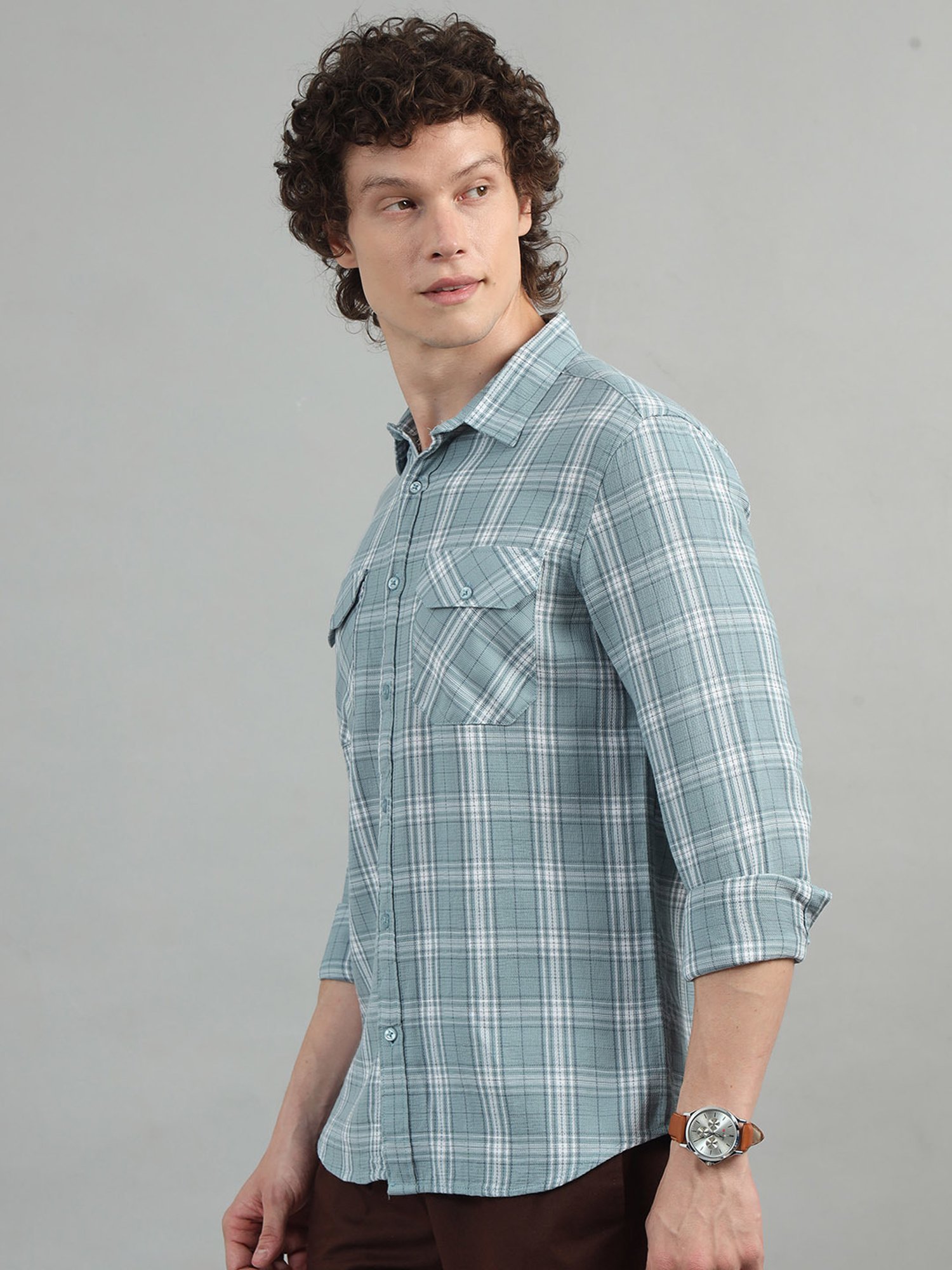 Bushirt Light Blue Regular Fit Check Cotton Shirt