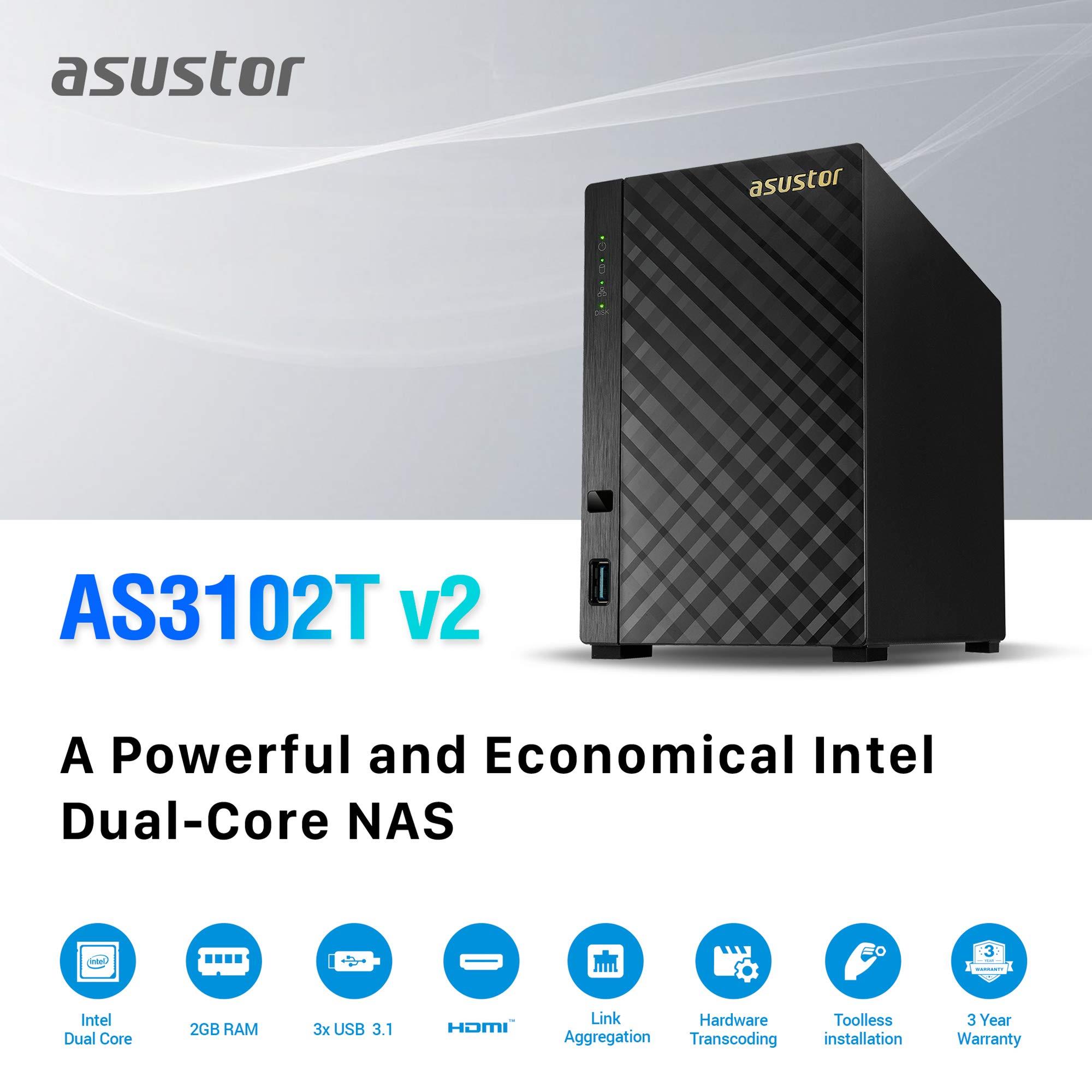 Asustor AS3102T v2 | Network Attached Storage + Free exFAT License | 1.6GHz Dual-Core, 2GB RAM | Personal Private Cloud | Home Media Server (2 Bay Diskless NAS)