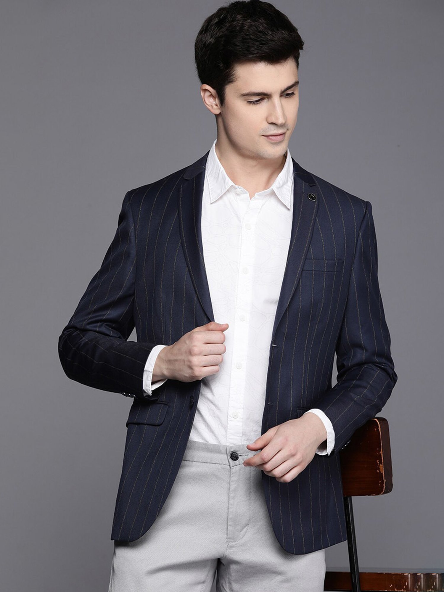 Allen Solly Navy Slim Fit Striped Blazer