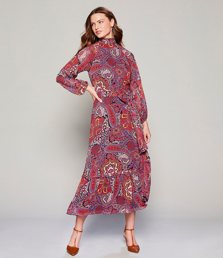 Tahari ASL Paisley Print Metallic Yoryu Long Sleeve Tie Waist Ruffle Hem Maxi Dress