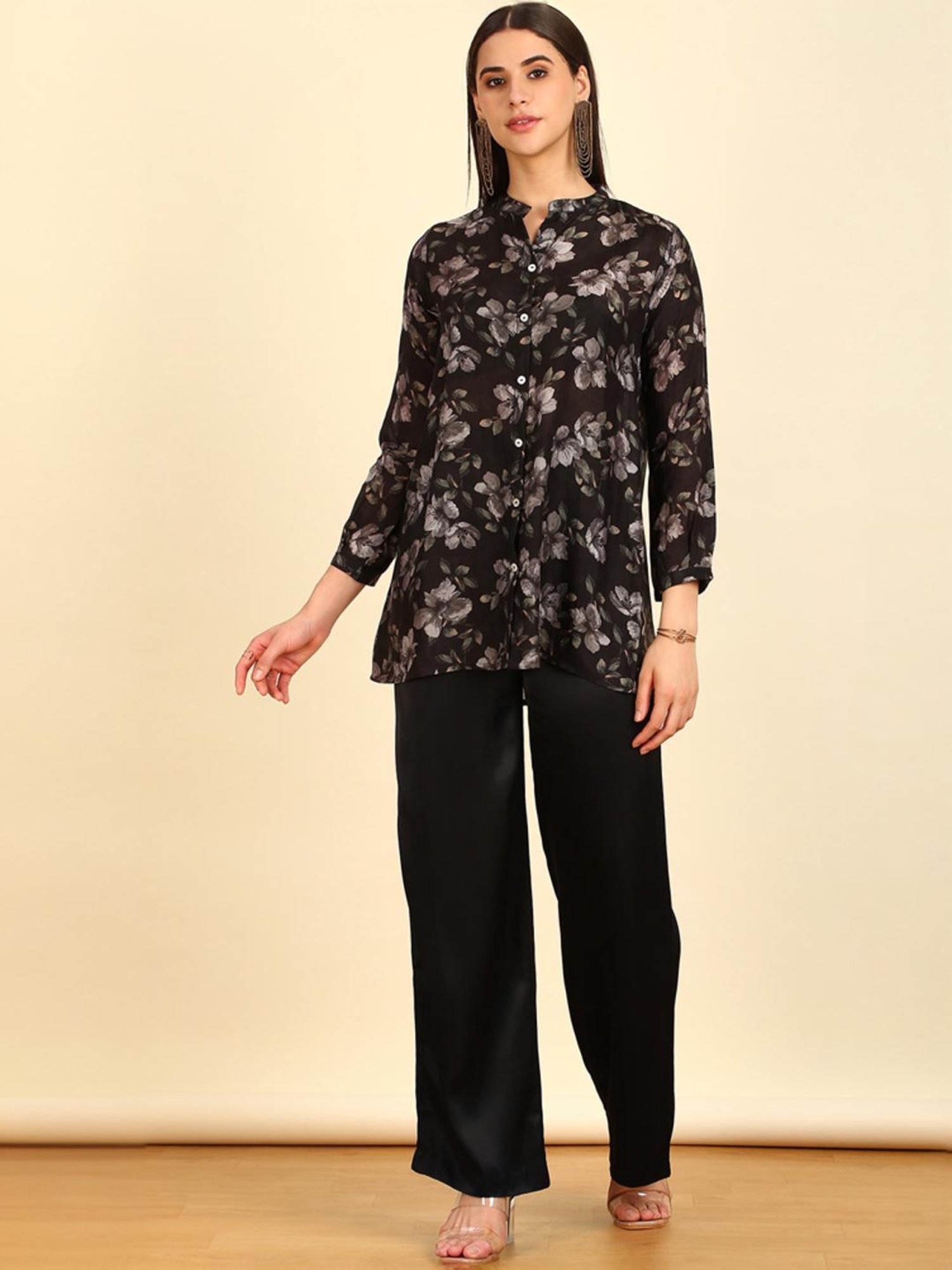 Soch Womens Black Floral Print Mandarin Collar Vicose Muslin Tunic