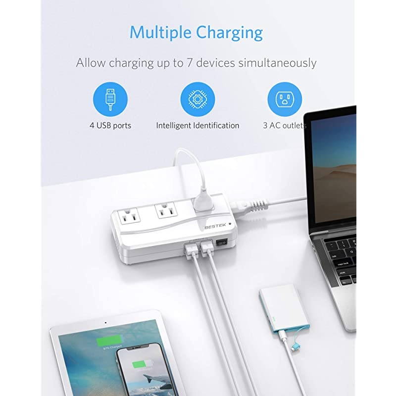 Universal Travel Adapter 220V to 110V Voltage Converter with 6A 4Port USB Charging and UKinAUUS Worldwide Plug Adapter White