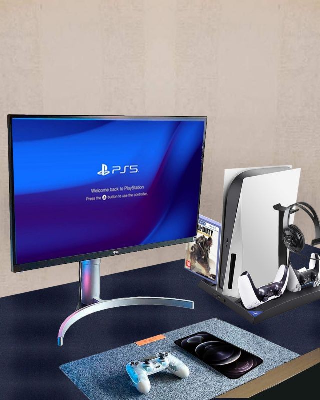 PS5 Vertical Stand with Cooling Fan Station Base & Headset Holder for Playstation 5 Console Disc Edition & Digital Edition with 2 Controllers Charger & 17 Game Disc Slots Organizer &1 Headphone Stand