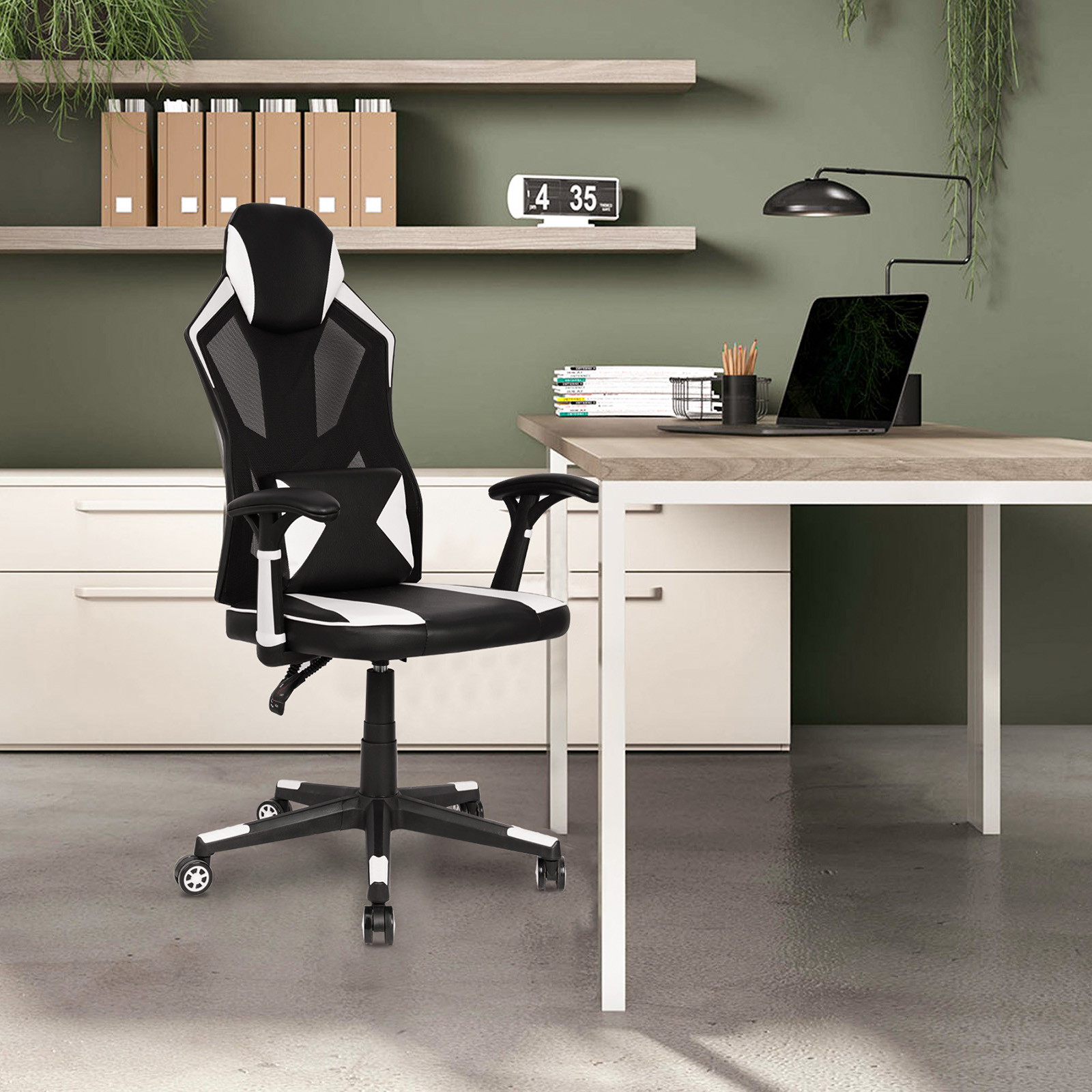 YOUTHUP Office Chair Functional Ergonomic Leather Gaming Chair Swivel Rolling Computer Desk Chair with Lumbar Support,Black and Grey