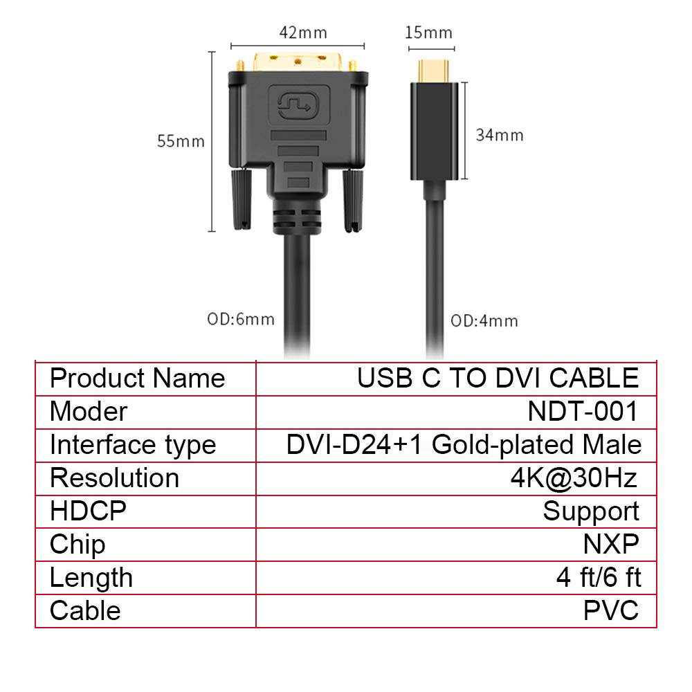 USB C to DVI Cable 4K 30Hz Thunderbolt to DVI Cable 6FT/ 1.8M USB Type-C to DVI Female Support 2017-2020 MacBook Pro,Surface Book 2, Dell XPS 13, Galaxy S10